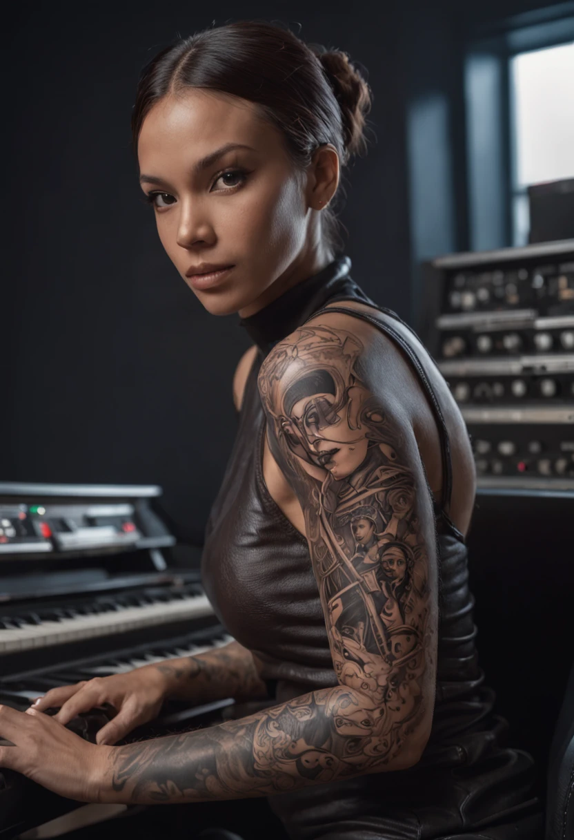 There is a woman sitting in front of a keyboard with a tattoo on her arm, arte promocional, Fanart, Martin Ansin, Retrato da obra, imagem promocional, Arte da sede, arte promocional, Fanart, Album art, arte oficial, arte chave, arte promocional, Siswave, artista digital, Ashtelos, futurismo afro, Jen Bartel, tecladista, mistura
