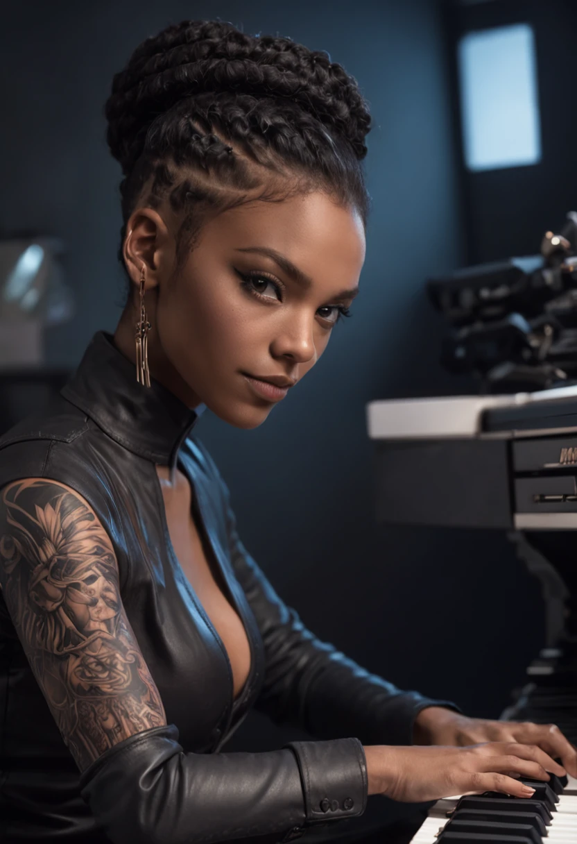 ((Zoe Kravitz steht in ihrem Atelier)), ((schlanke Frau)), (kleiner Kopf), ((natural skin texture)), ((Airbrush Bodypaint with naked overall)), ((she has small round breasts)), ((Ausdrucksstarkes detailliertes Gesicht)), (fotorealistisch), (Raytracing), (scharfer Fokus), (("Smokey Eyes")), ((full body))