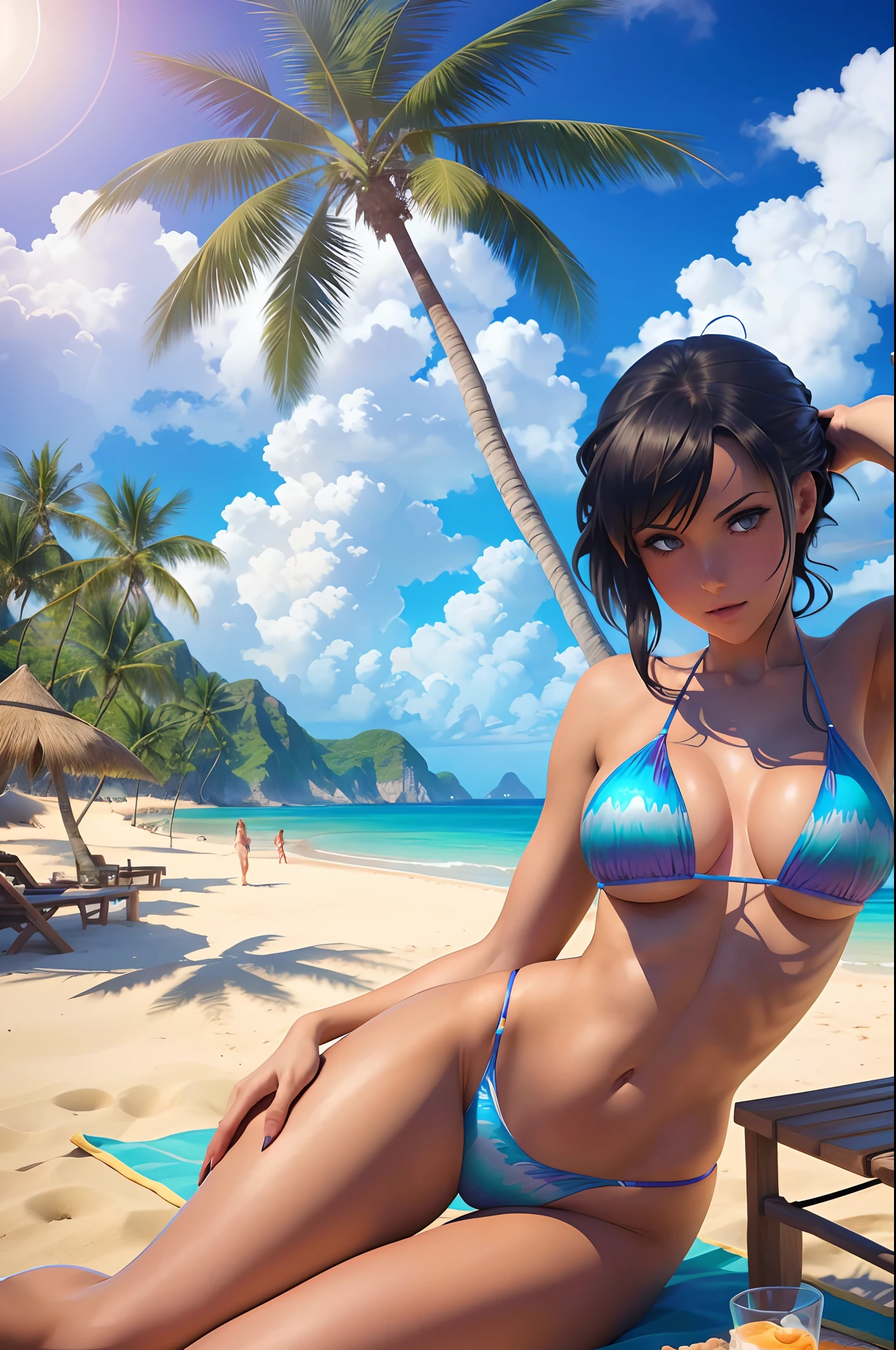 Arafed woman in bikini posing on beach with palm trees, realistic bikini, photorealistic ideal body, beautiful digital artwork, gorgeous bikini model, at a tropical beach, at a beach, DeviantArt ArtStation CGSCOSIETY, the perfect body, beautiful alluring anime woman, artwork in the style of guweiz, trending on cgstation, posing on the beach