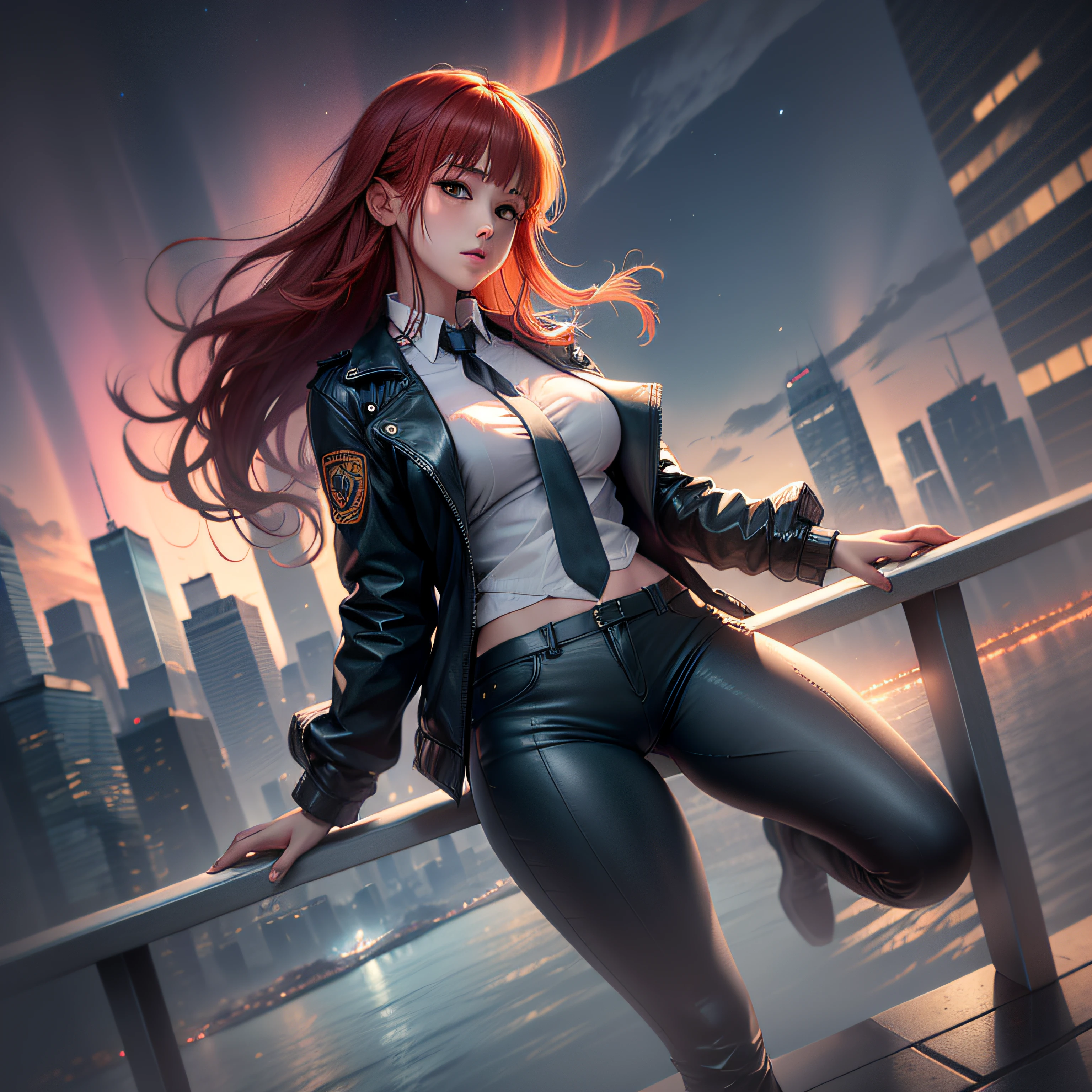(masterpiece), (best quality), (ultra high detailed), ultra high resolution, 1girl, solo, red hair, Her eyes are yellow with multiple red rings and black jacket within them, making them the only visible sign of her inhuman nature, white shirt with tie, city background, wet clothes, genius, full body with long pants, makima sexy, energic, aurora night sky, future, beautiful and spectacular dusk, beautiful dreamy landscape, amazing sky