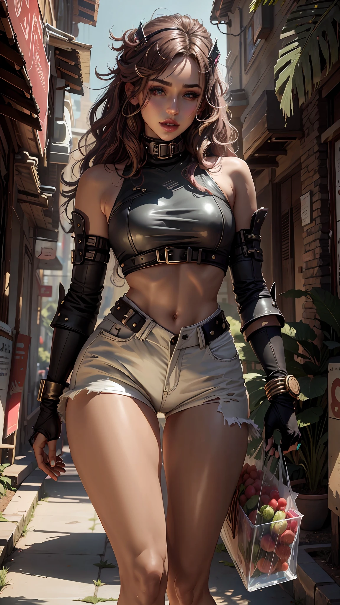 woman, (((from below))), busy city, foreshortening, (seductive pose, underwear dressing), looking at viewer, mad, black cutoffs, (eye contact), African, photorealistic, masterpiece, realistic, high contrast, hyper detailed, best quality, ultra high res, photorealistic, high resolution, detailed, raw photo,