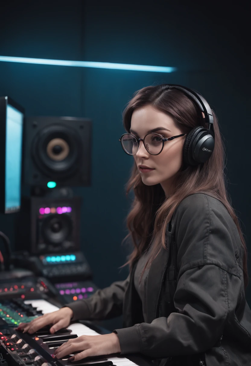 Alafed woman with glasses sitting at mixing desk with mixer, alena aenami and artgerm, Siswave, alena aenami and android jones, artgerm julie bell beeple, girl in studio, ross tran 8 k, by Brandon Woelfel, hq artwork, jen bartel, In a cyber-punk style