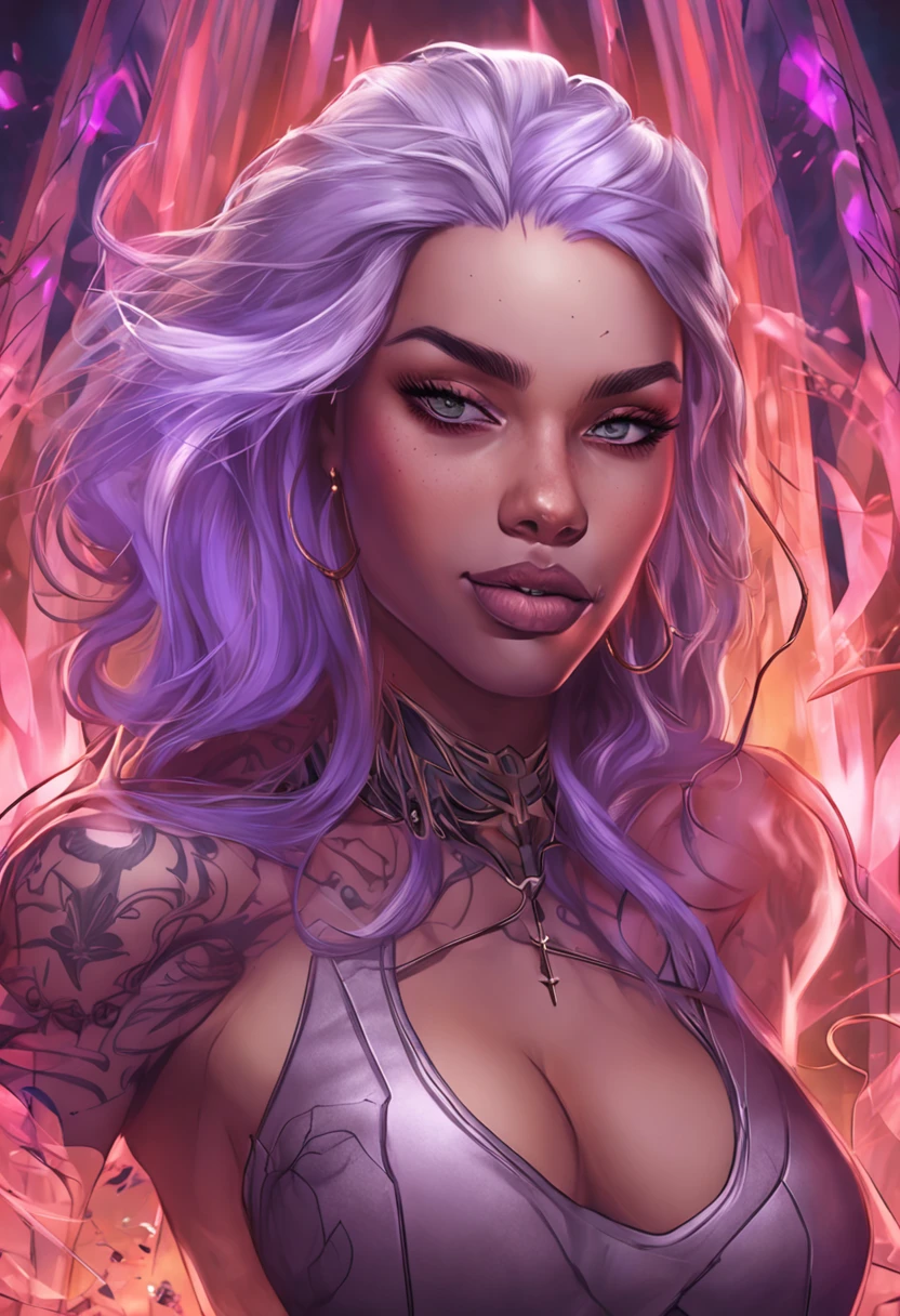 um close up de uma mulher com cabelos brancos e uma tatuagem no peito, purple eyes, background with magic, Artgerm e RossDrew, Elfo Negro, drow, Artgerm extremamente detalhado, Wlop Ross, Rossdraw 1. 0, :: Ross, Rossdraw 2. 5, Inspirado em RossDrew, princesa elfo escuro, Artgerm. High detail