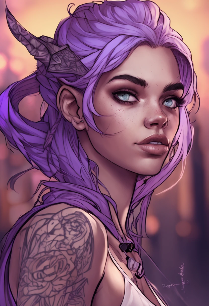 um close up de uma mulher com cabelos brancos e uma tatuagem no peito, purple eyes, background with magic, Artgerm e RossDrew, Elfo Negro, drow, Artgerm extremamente detalhado, Wlop Ross, Rossdraw 1. 0, :: Ross, Rossdraw 2. 5, Inspirado em RossDrew, princesa elfo escuro, Artgerm. High detail
