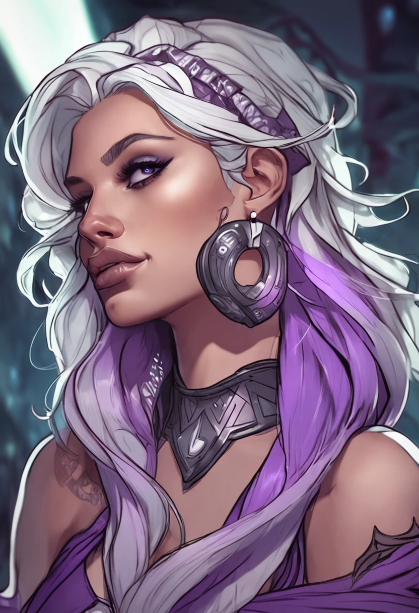 um close up de uma mulher com cabelos brancos e uma tatuagem no peito, purple eyes, background with magic, Artgerm e RossDrew, Elfo Negro, drow, Artgerm extremamente detalhado, Wlop Ross, Rossdraw 1. 0, :: Ross, Rossdraw 2. 5, Inspirado em RossDrew, princesa elfo escuro, Artgerm. High detail