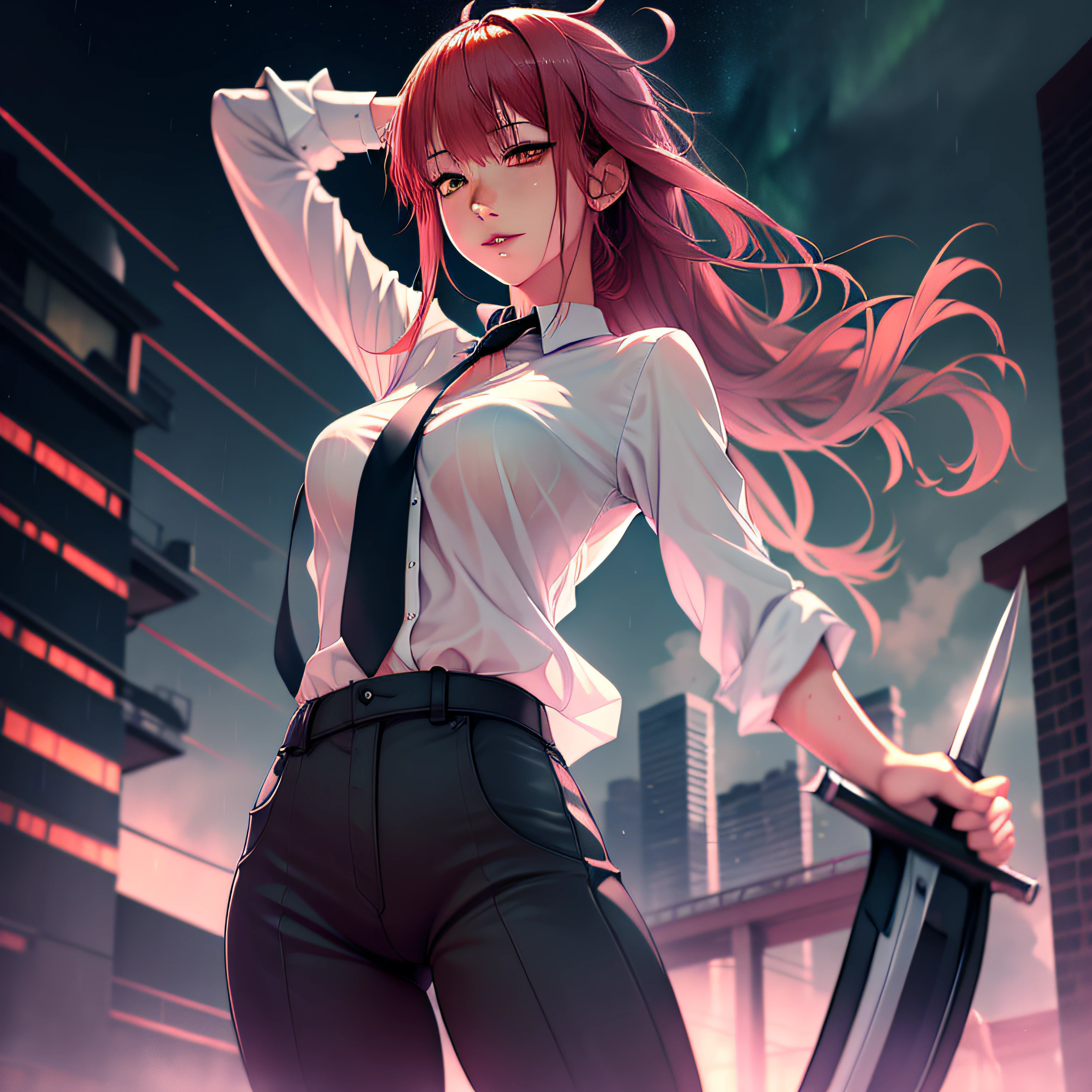 making them the only visible sign of her inhuman nature, white shirt with tie, city background, wet clothes, genius, full body with long pants, makima sexy, energic, aurora night sky, future, beautiful and spectacular dusk, beautiful dreamy landscape, amazing sky, girl in front of cyborg city, blue sky, Smooth Anime CG Art, red hair, Soft lighting, 4k anime wallpaper, Anime art wallpaper 8k, Cute anime girl, energic poses, white shirt with tie, wet clothes, genius, Her eyes are yellow, makima, lightning, bring sword, realistic mirrored