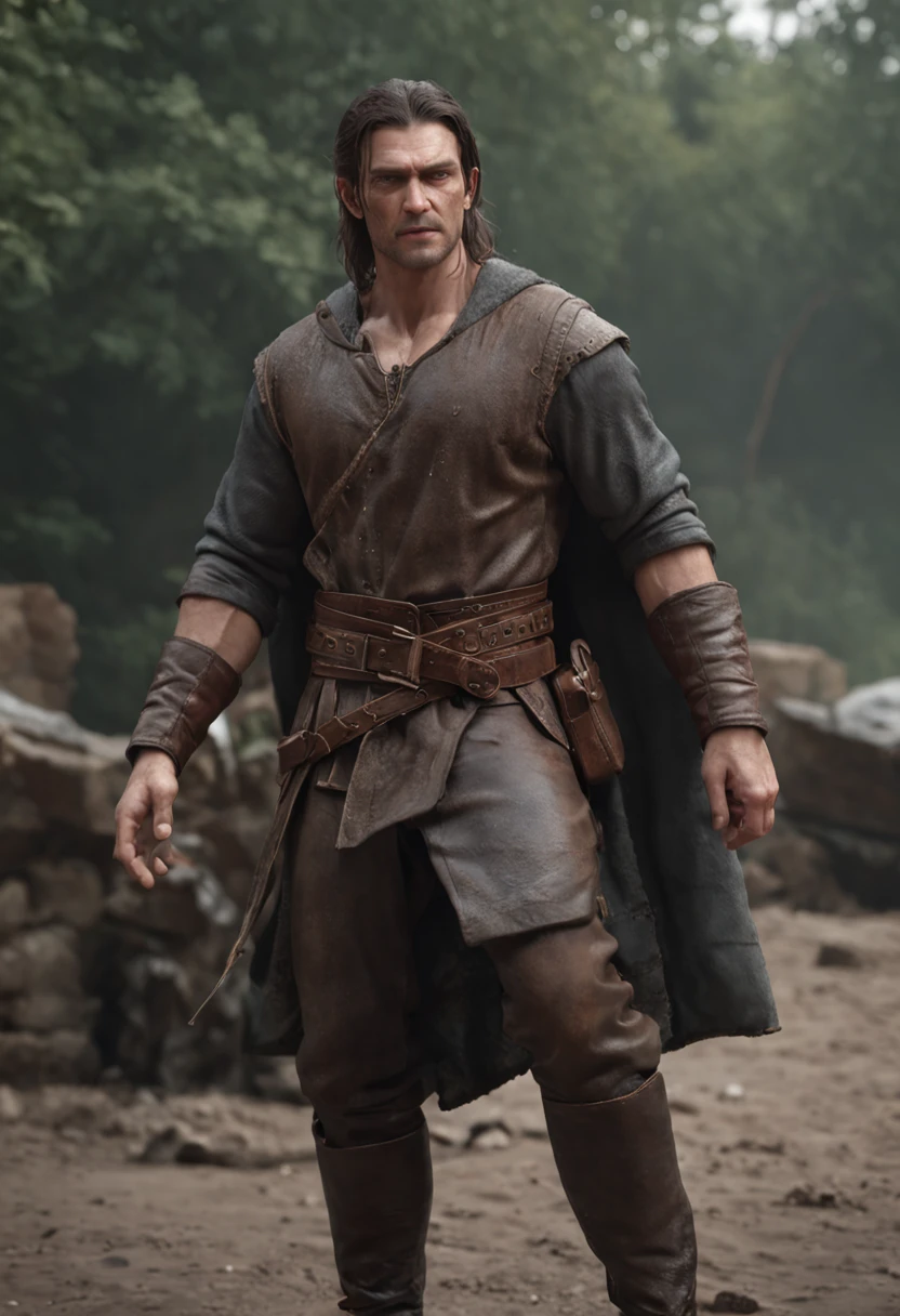 (Профессиональный 3D-рендер:1.3) de (Realistic:1.3) The most beautiful photo in the world,Features of soft and shiny male heroes, ((Epic fantasy hero, muscle male, Rough wet hero, Angry look, Long hair, short beard and ferocious facial expression in a dynamic pose, Fantastic location, Majestic cluttered surroundings)), Рендеринг Full Body 8K Unity, action shot, pores skin, very dark lighting, Strong shading, Detailed, Detailed Face, (Vibrants, The photo is realistic, Realistic, dramatic, Dark, sharp-focus, 8K), (Old leather clothes, damaged by weather conditions:1.4), ((((Wear fur)))), (Intricate:1.4), decadent, (Highly detailed:1.4), Digital Painting, Octane rendering, Art Stations, ConceptArt, Smooth, sharp-focus, illustartion, The germ of art, (loish:0.23), Wlop Ilya Kuvshinov, and Greg Rutkowski and Alphonse Mucha Gracias, (Global Illumination, studio light, surround light), heavy rain, particles floating, rascal, Fantasy, elf, full bodyesbian, ((The dark and ancient background of the city:1.3)),CGSesociety,Art Stations