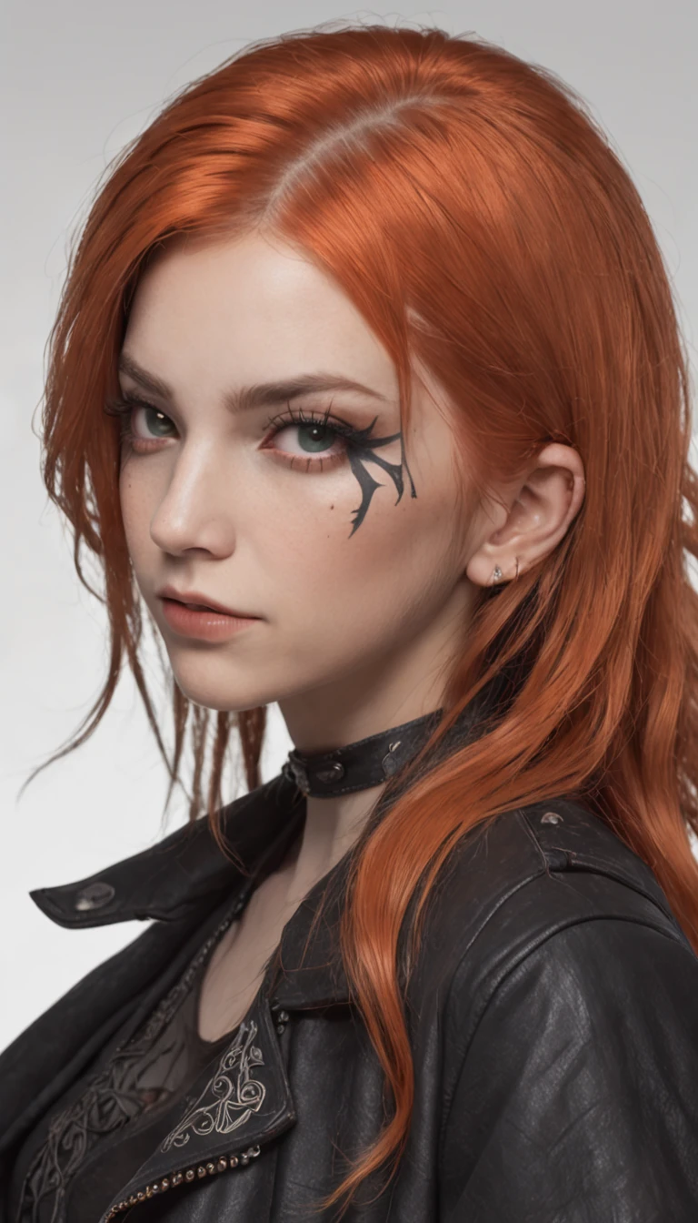 Sidecut hair,Vi arcane, Sidecut hair, teenager, rock jacket, black clothing, orange hair, light background, full body, long hair, teenager, tribal tattoo, colorful parts, sketchbook, hand drawn hand, witch symbols, dark , bold, realistic sketch, sketch, mixing dark lines and loose lines, bold lines, on paper, turn on character sheet, human woman, green eyes, full body, imposing pose, lots of details, stylish outfit, witch symbols, runes , dark theme , black shirt, beautiful, pretty, modest