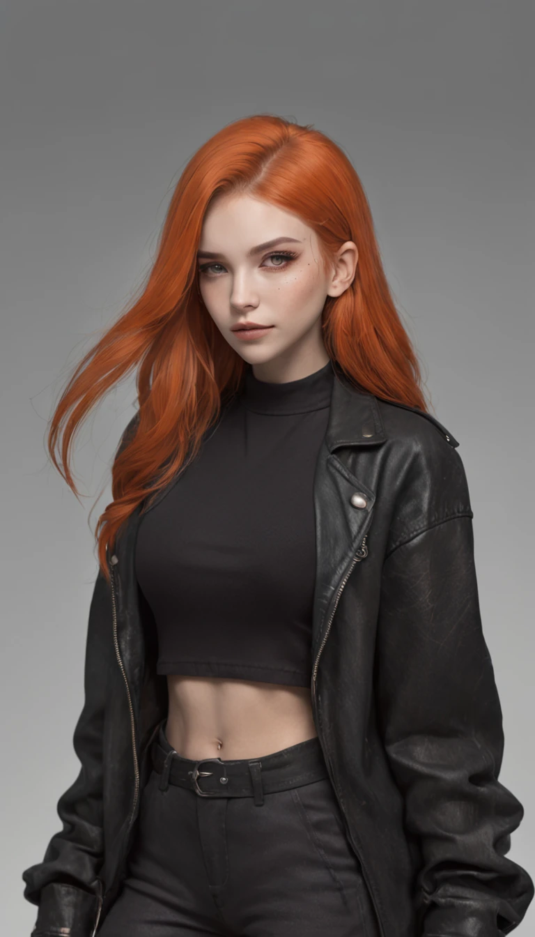 Sidecut hair,Vi arcane, Sidecut hair, teenager, rock jacket, black clothing, orange hair, light background, full body, long hair, teenager, tribal tattoo, colorful parts, sketchbook, hand drawn hand, witch symbols, dark , bold, realistic sketch, sketch, mixing dark lines and loose lines, bold lines, on paper, turn on character sheet, human woman, green eyes, full body, imposing pose, lots of details, stylish outfit, witch symbols, runes , dark theme , black shirt, beautiful, pretty, modest