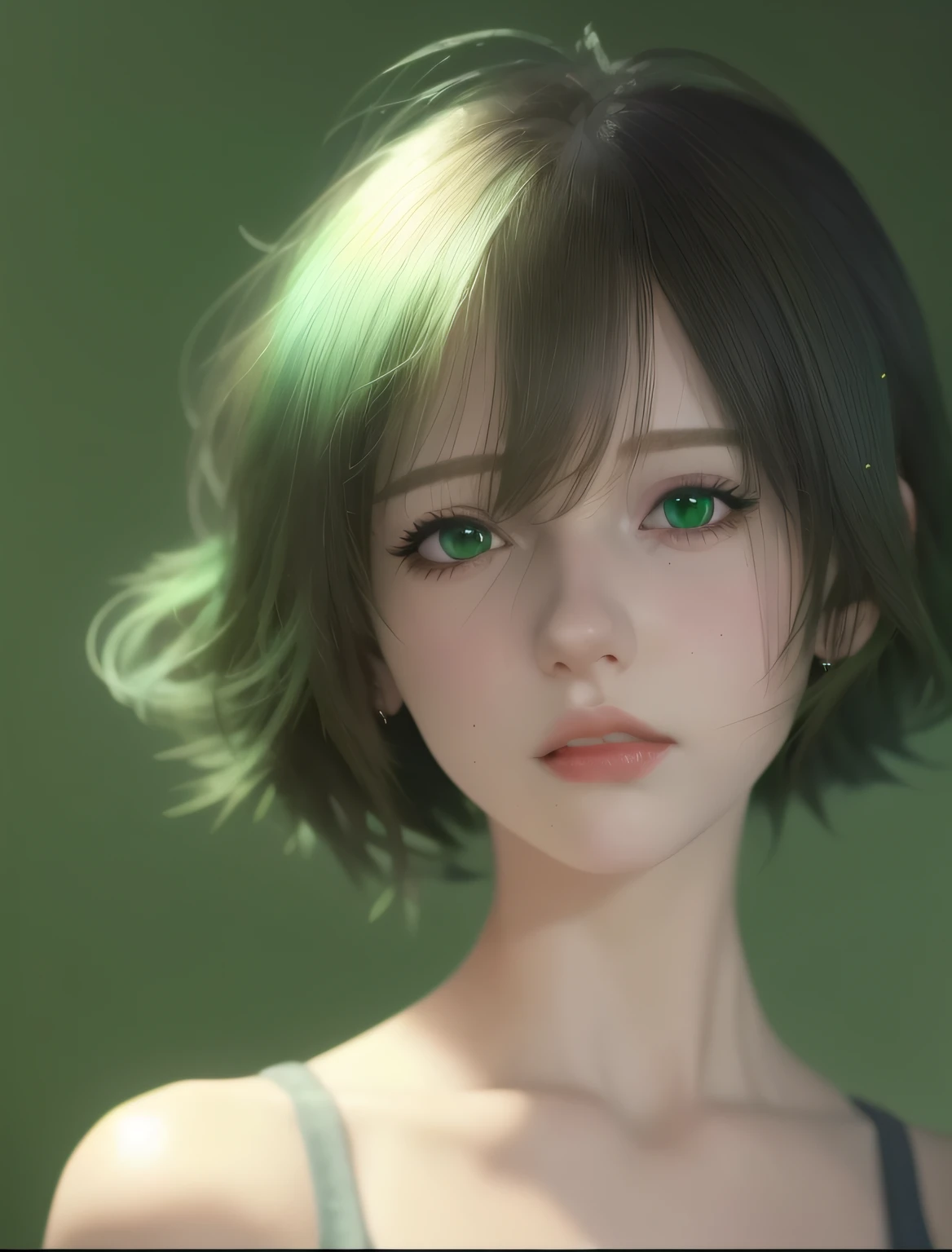 Close up portrait of woman with green hair and green eyes, Anime Realism Style, Stunning anime face portrait, realistic anime 3 d style, realistic anime art style, Beautiful Anime Portrait, Realistic anime art style, anime realism, inspired by Yanjun Cheng, 3 d anime realistic, photorealistic anime girl render, Smooth Anime CG Art, detailed portrait of an anime girl