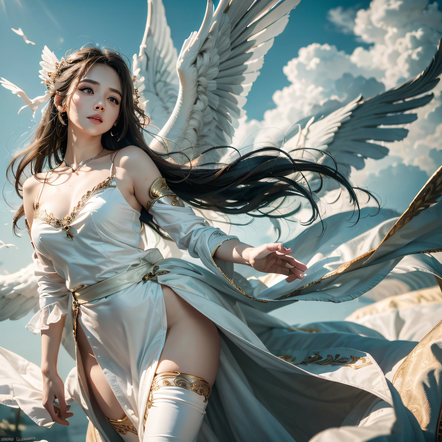 (8K, RAW photo, Best quality, Masterpiece:1.2), (Realistic, photo-realistic:1.37), Ultra-detailed,(detailed beautiful girl:1.4),1female，（White robe），A flowing white robe，A beautiful woman with grace，Ride a majestic phoenix，Soar through the clouds。The wind gently lifted her robe，As they gracefully navigate through the ethereal cloudscape，The feeling of flight is highlighted。