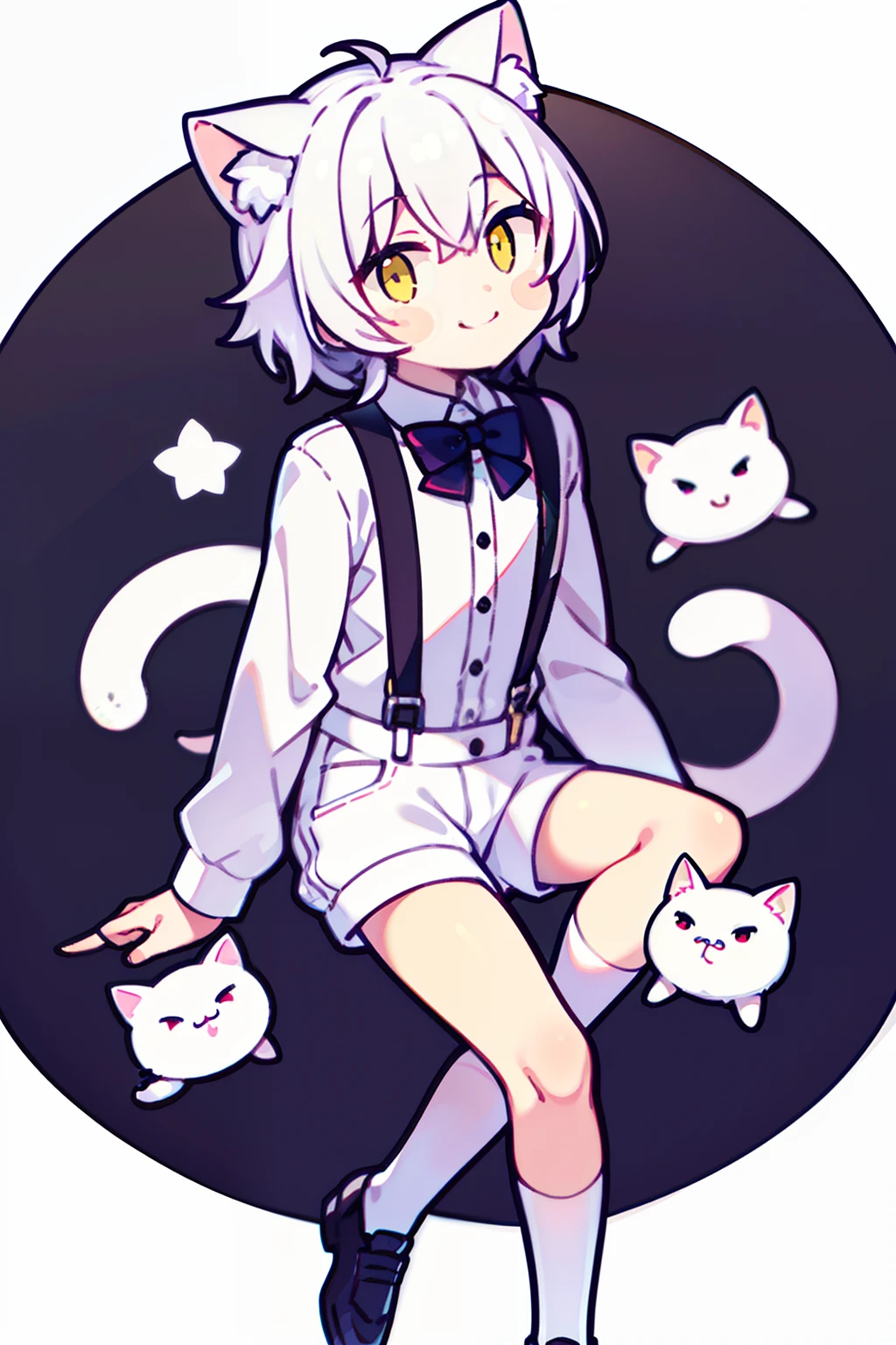 （（a sticker： 1.5））），  （（tmasterpiece）），Cat-eared boy，White Cat Ear Boy，Yellow eyes，White cat ears，Curious demeanor，Short black curly hair，The shirt，Suspenders，White calf socks，White socks small leather shoes to the middle of the calf，Smile Expression，Surrounded by white cats，detailed hairs，16k