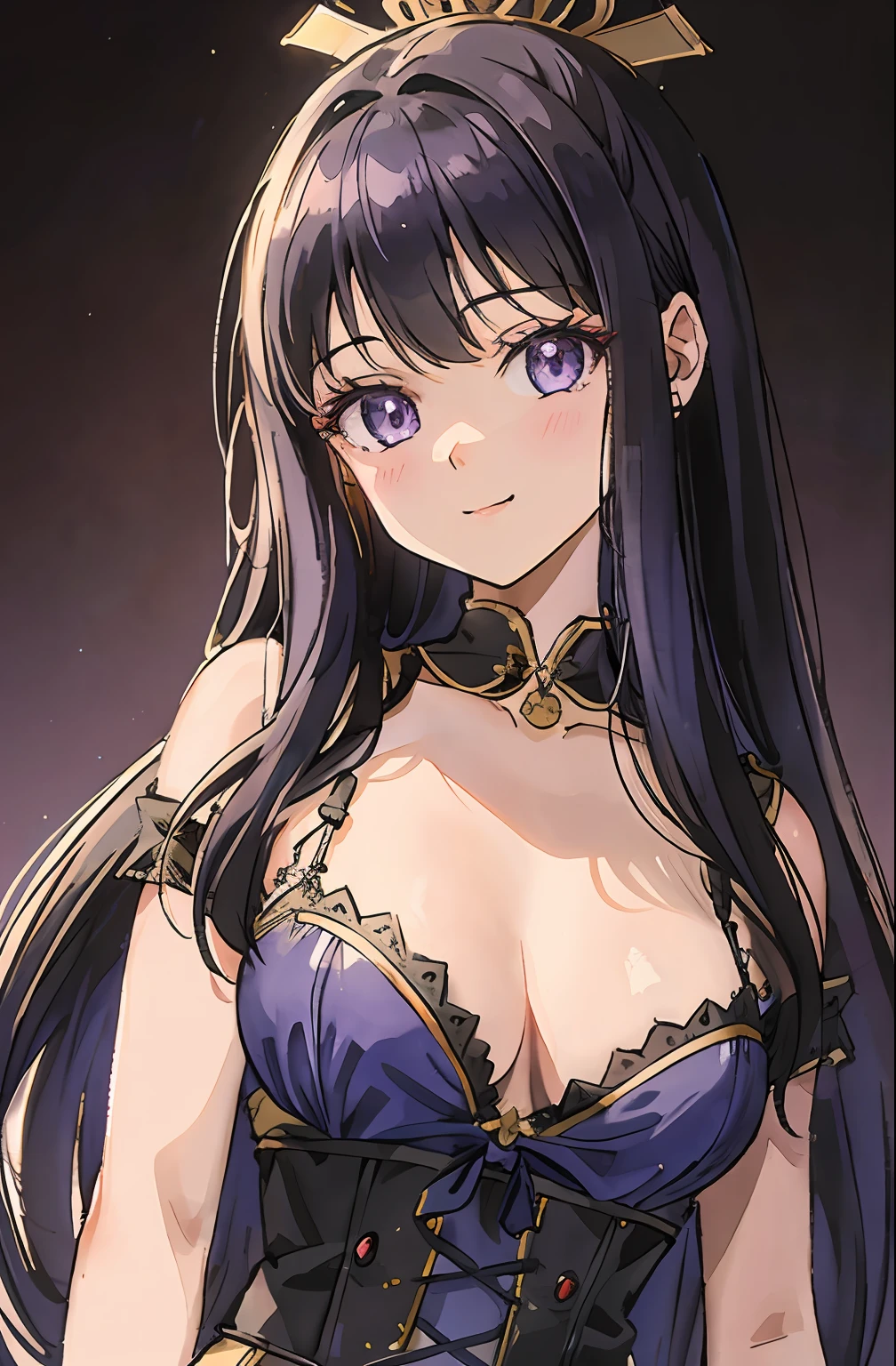 A beautiful and cute girl, huge smile、Idle Pose、1girl in, Solo, Long hair, A dark-haired,Purple eyes, hair messy, long hair bangs, Beautiful detailed eyes, Looking at Viewer, deadpan, Closed mouth, Portrait, Bangs,Blue Idol Costume,corsets,Blue hair ornament,Upper body ,full body Esbian, Small breasts, Backlight, stage