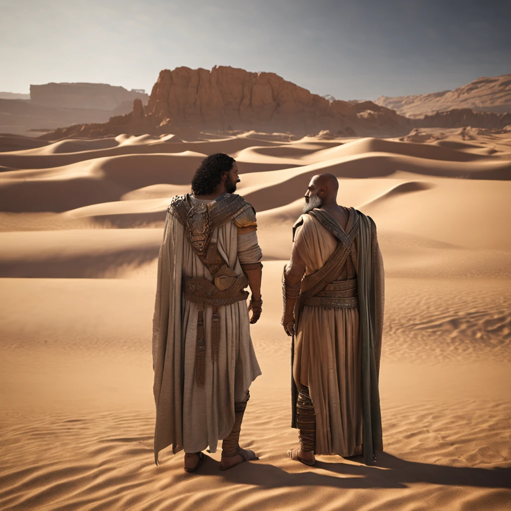 A photorealistic view of Moses' confrontation with Pharaoh, depicted in high-quality photographic detail. with 8K resolution, Every aspect of the scene is recreated with stunning photorealism. Utilizando o poder do Unreal Engine, The composition is carefully crafted to capture the essence of the moment. macio, The cinematic lighting highlights the characteristics of the scene. Detalhes intrincados, como detalhes da ferramenta, are rendered impressively. Reflections traced by rays and realistic shadows increase the authenticity of the scene. The color palette is elegantly adjusted, criando uma atmosfera envolvente. The result is a hyper-realistic representation, that gives life, imerso em detalhes e profundidade.