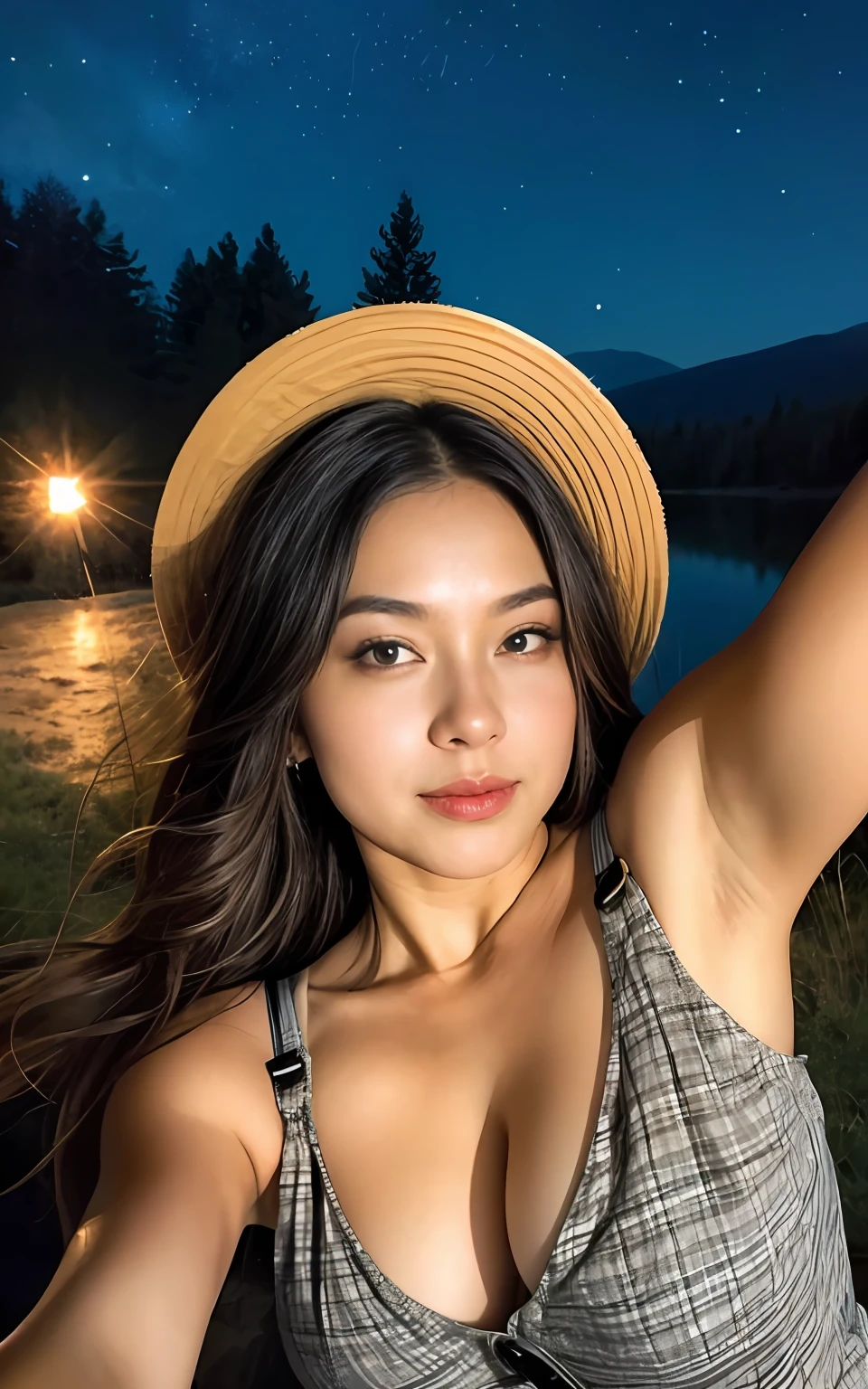 1 woman ((upper body selfie, happy)), masterpiece, best quality, ultra-detailed, solo, outdoor, (night), mountains, nature, (stars, moon) cheerful, happy, backpack, sleeping bag, camping stove, water bottle, country boot, country hat, red plaid shirt long sleeve open, lantern, forest, rocks, river, wood, smoke, shadows, contrast, clear sky, style, (warm hue, warm tone: 1.2), close-up, cinematic light, side lighting, ultra high resolution, best shadow, RAW, upper body, wearing lingerie, seductive look, huge breasts, 4k, open neckline, sexy