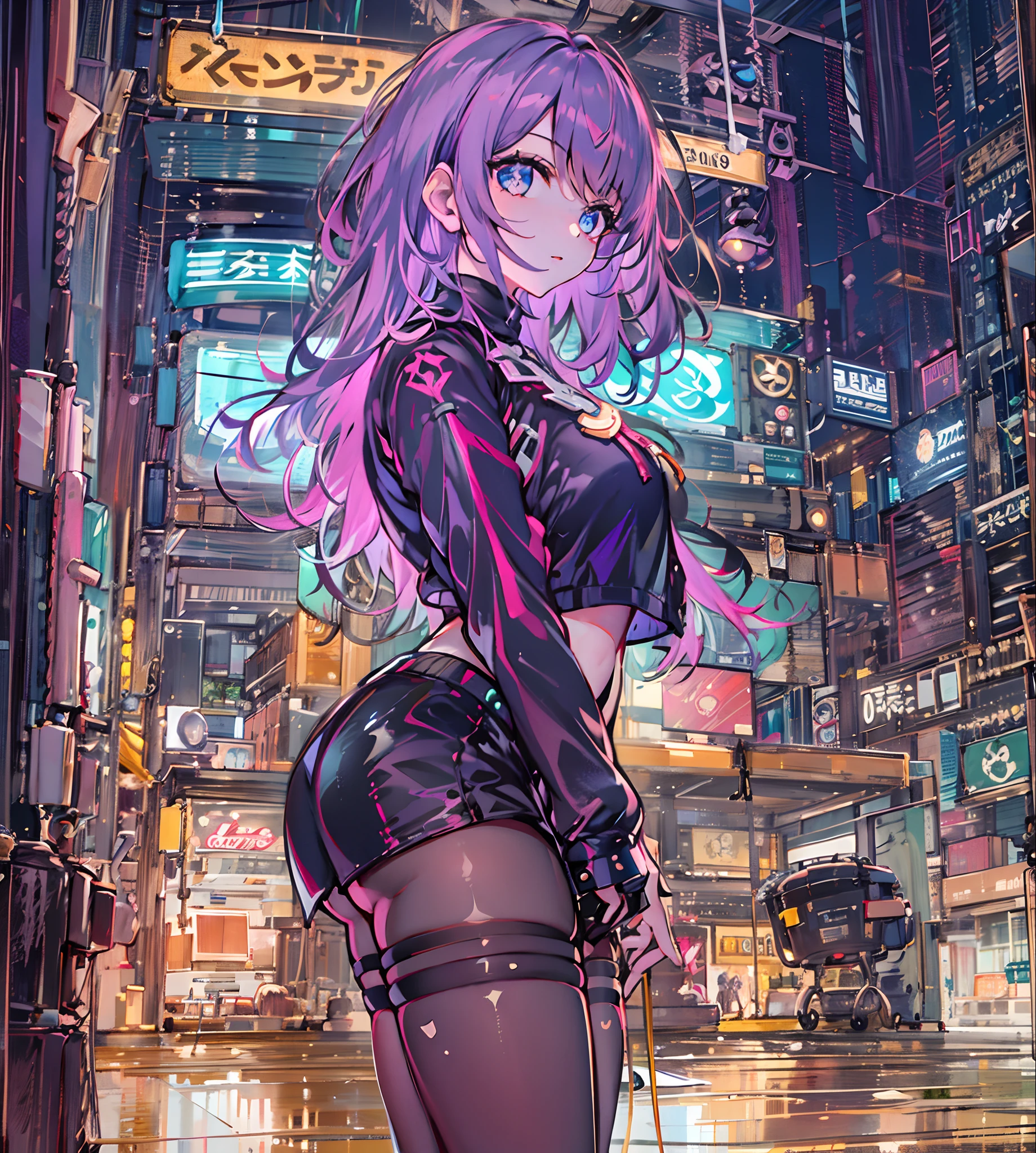 Noite, Fundo colorido da cidade cyberpunk, chuva, Rua , seele,honkai impact,1******, seios, recorte de decote, recorte de roupa, crop top, sombra, presas, gradient hair, cabelo grisalho, hair rings, jaqueta, olhando para o espectador, maquiagem, umbigo, boca aberta, sombra vermelha, camisa, shorts, sem mangas, sleeveless turtleneck, manga top de colheita de gola alta, seios pequenos, solo, stomach, gola alta, topo de colheita de gola alta, cabelo de dois tons,olhos vermelhor, olhos brilhantes, Meias pretas, retroiluminado, brilhar, Surveying the audience, Low angle lens, olhando para cima lente, perfect composition, delicadeza perfeita de luz e sombra, 8k,1girl,cabelos longos,somente_Arms,ao ar livre,Nosso,Luz_sorrir