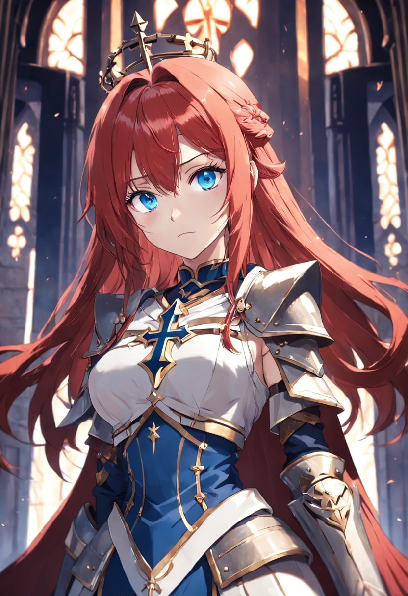 1female, girl, christian cross necklace, light armor, red hair, blue eyes, throne room background