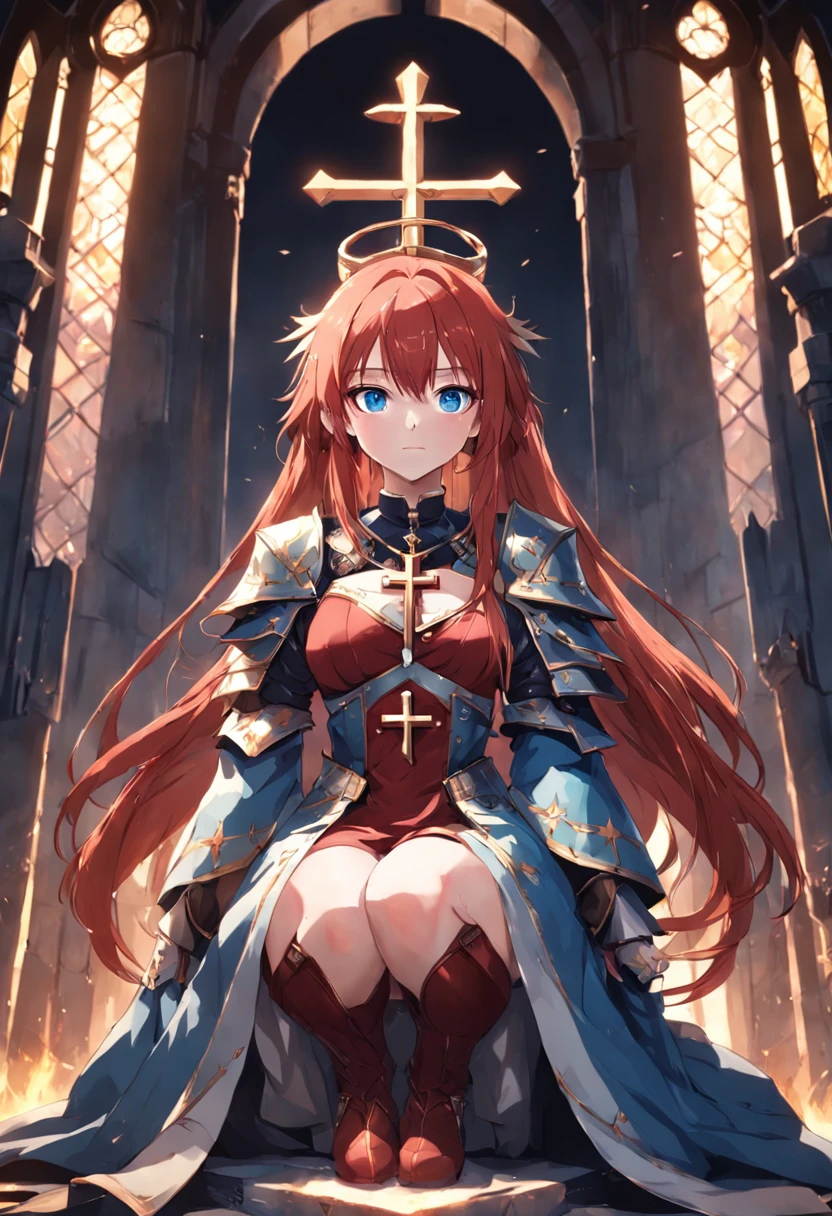1female, girl, christian cross necklace, light armor, red hair, blue eyes, throne room background