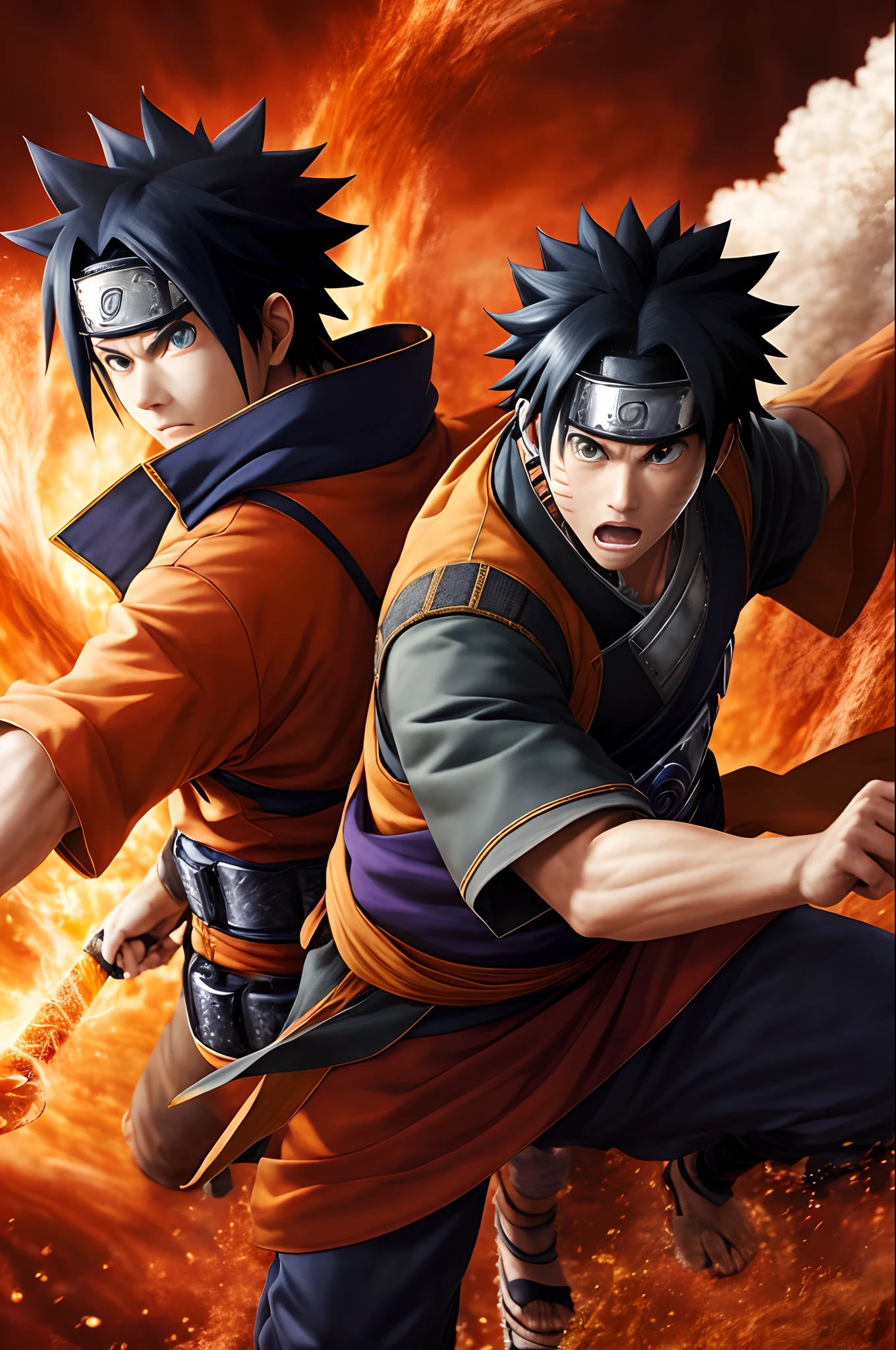 "(An intricately detailed 8k wallpaper) featuring a dramatic medium shot of a fearful Naruto and Sasuke."