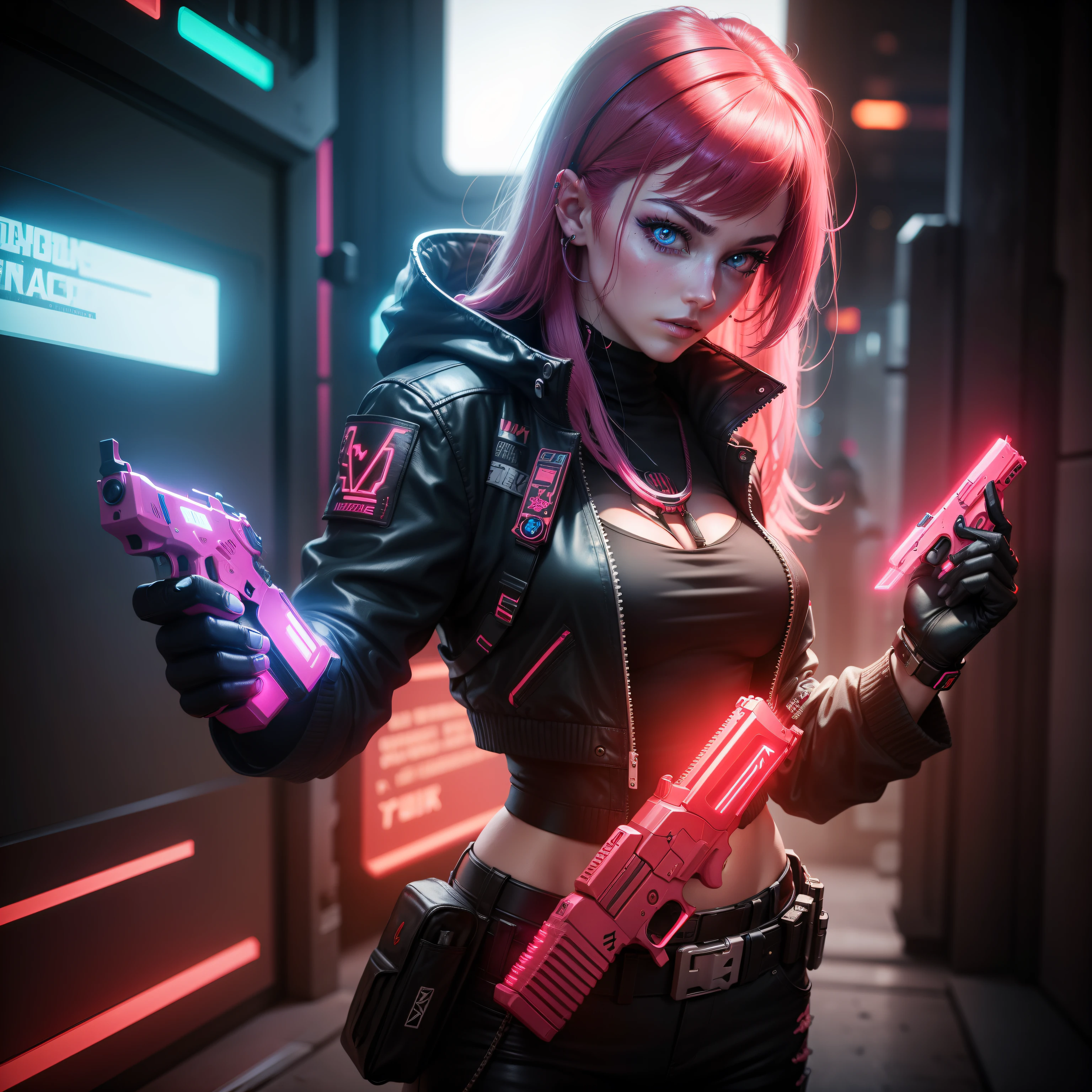 femal cyberpunk red neon hand gun display