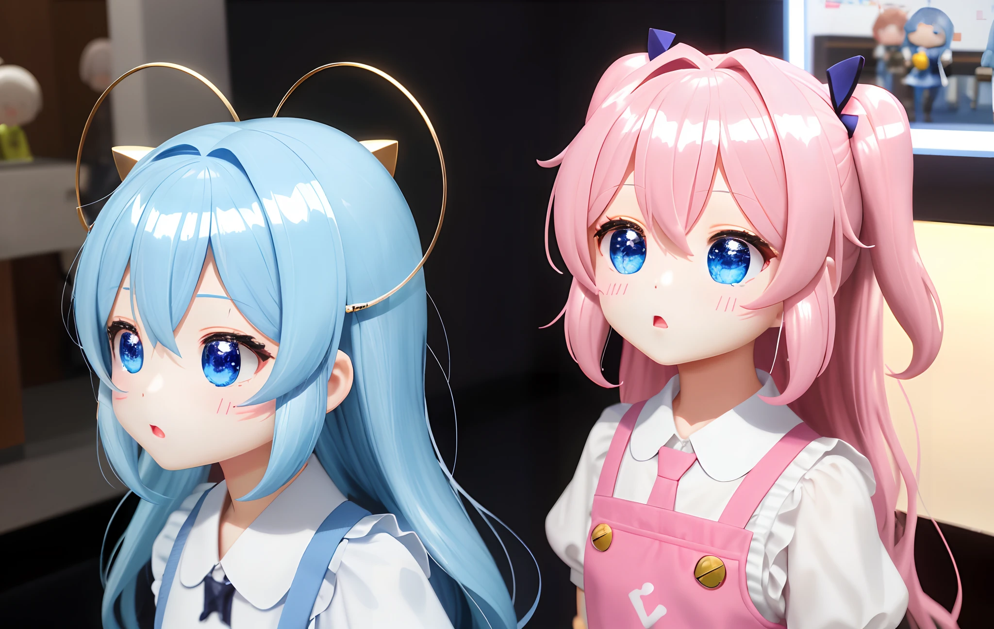 Pop Mart Blind Box IP、Close up of four cute knight dolls、Young One Angel Style、Wear longer, Dress fluently、Lop style、Poseline doll、Little people々々々。Little people々々々、unreal enginee 5、Light 3D/C4D production: 8K HD quality/illuminating/Ultra-fine lens description 1.5、flawless、Chibi Background/Cinematic。People don't