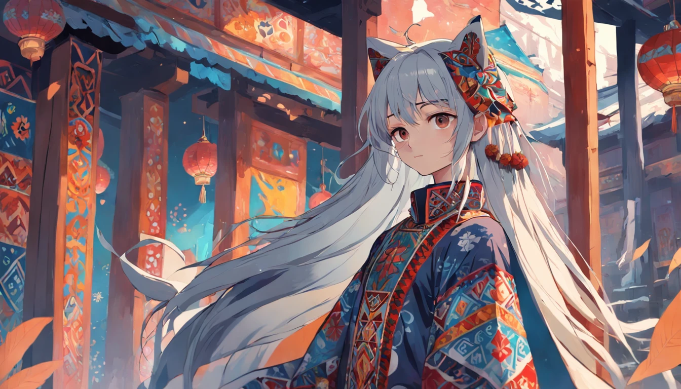 Draw a strong man in a traditional Russian costume with colorful patterns and patterns. The shirt should have wide sleeves and a high collar, And the tunic and pants can be decorated with animals and geometric patterns. A man can wear a hat with earflaps on his head