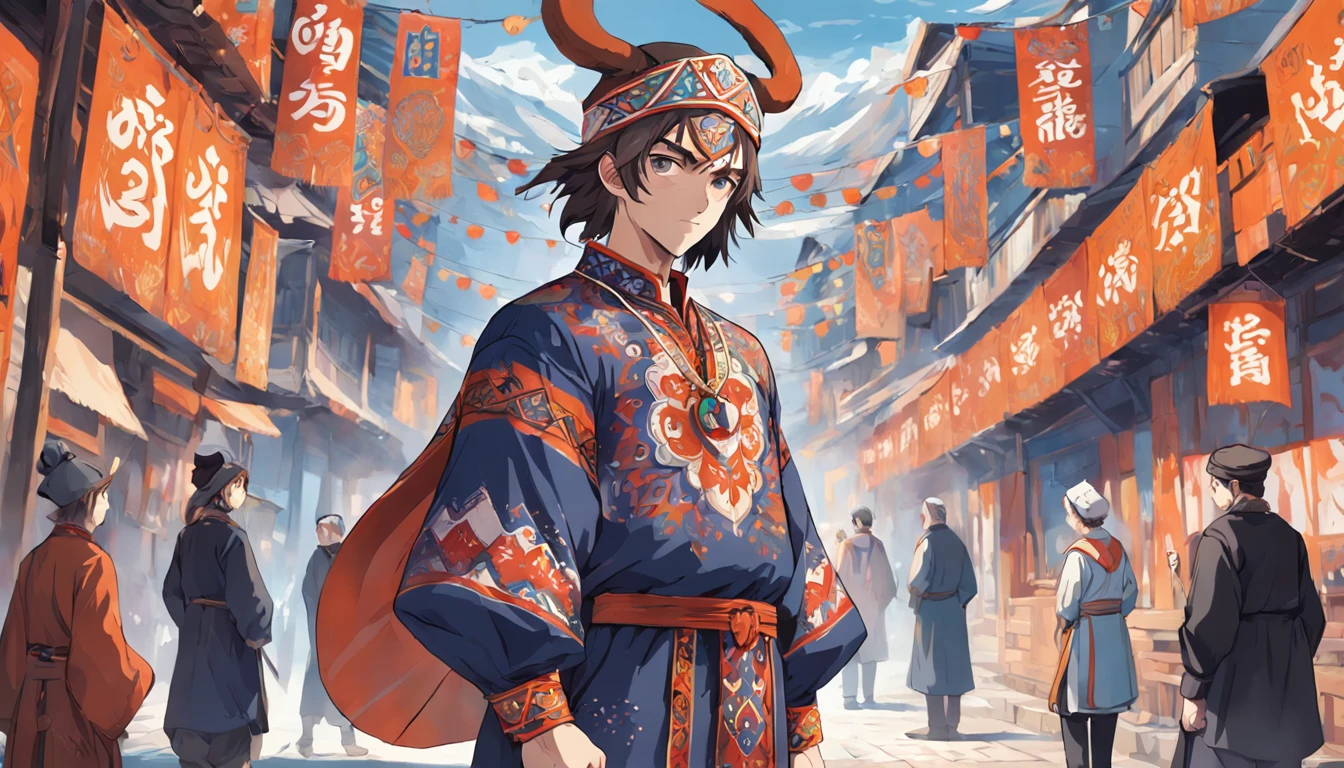 Draw a strong man in a traditional Russian costume with colorful patterns and patterns. The shirt should have wide sleeves and a high collar, And the tunic and pants can be decorated with animals and geometric patterns. A man can wear a hat with earflaps on his head