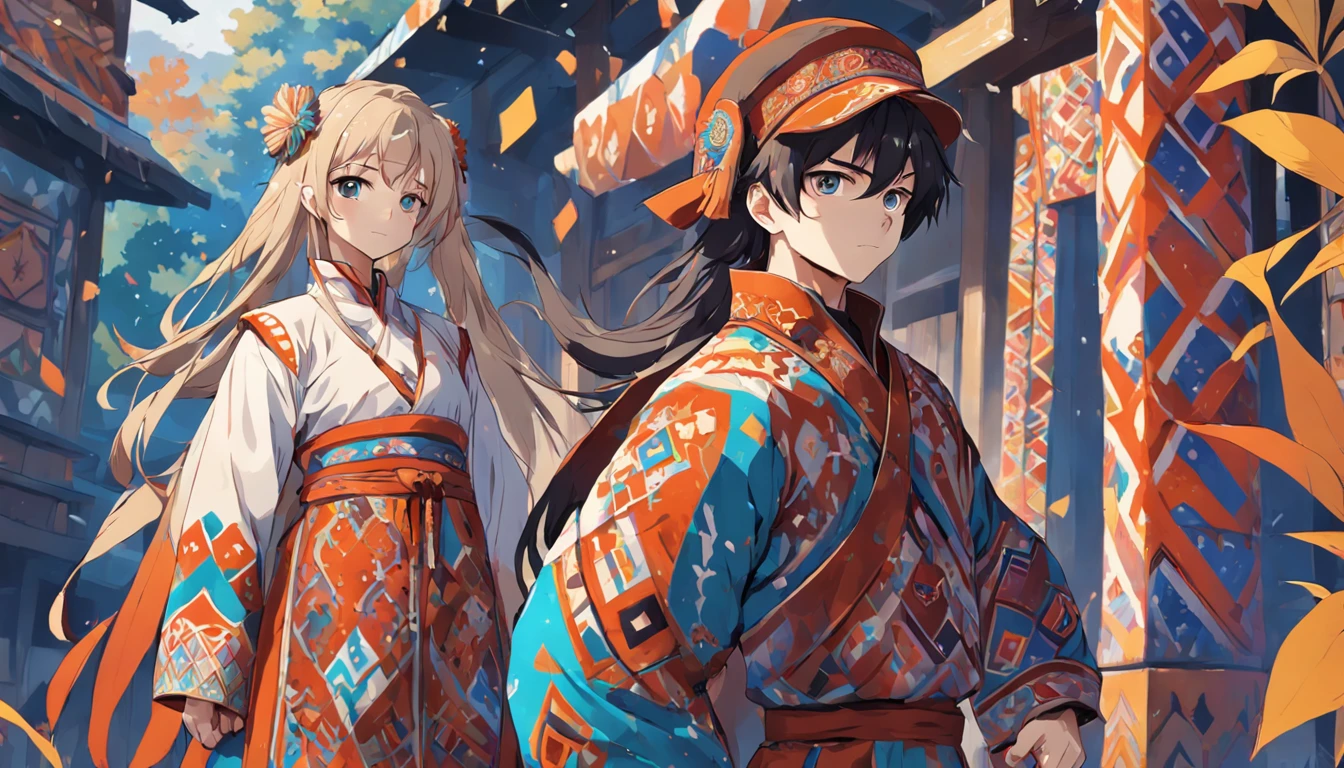 Draw a strong man in a traditional Russian costume with colorful patterns and patterns. The shirt should have wide sleeves and a high collar, And the tunic and pants can be decorated with animals and geometric patterns. A man can wear a hat with earflaps on his head