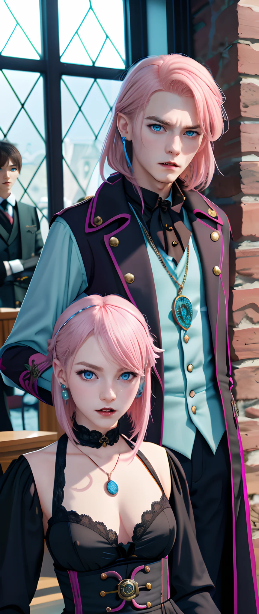 masterpiece, top-quality, 2Others, ((Male and female couples)), 1 man and 1,, Adults, Height difference, different color, finely eye and detailed face, intricate detailes, Wizarding World Costumes, Inside the coffee shop, During the walk, Men and women side by side, A smile, Happiness, tenderness, youthfulness, high-level image quality、 Beautiful men and women、tall、window、𝓡𝓸𝓶𝓪𝓷𝓽𝓲𝓬、British men, Idol Photos, k pop, Professional Photos, ((Vampire Man and Witch)), Fedoman with necklace, inspired by Sim Sa-jeong, androgynous vampire, :9 detailed face: 8, extra detailed face, detailed punk hair, ((Light blue eyes)) baggy eyes, Seductive. Highly detailed, semi realistic anime, Vampires, hyperrealistic , delicate androgynous prince, imvu, short hair above the ears, Man with short hair, Woman with long hair, With a man with a glaring expression, Woman with a gentle expression, ((With an Englishman with short blonde hair and light blue eyes)), ((Woman with pretty long pink hair and light blue eyes)),