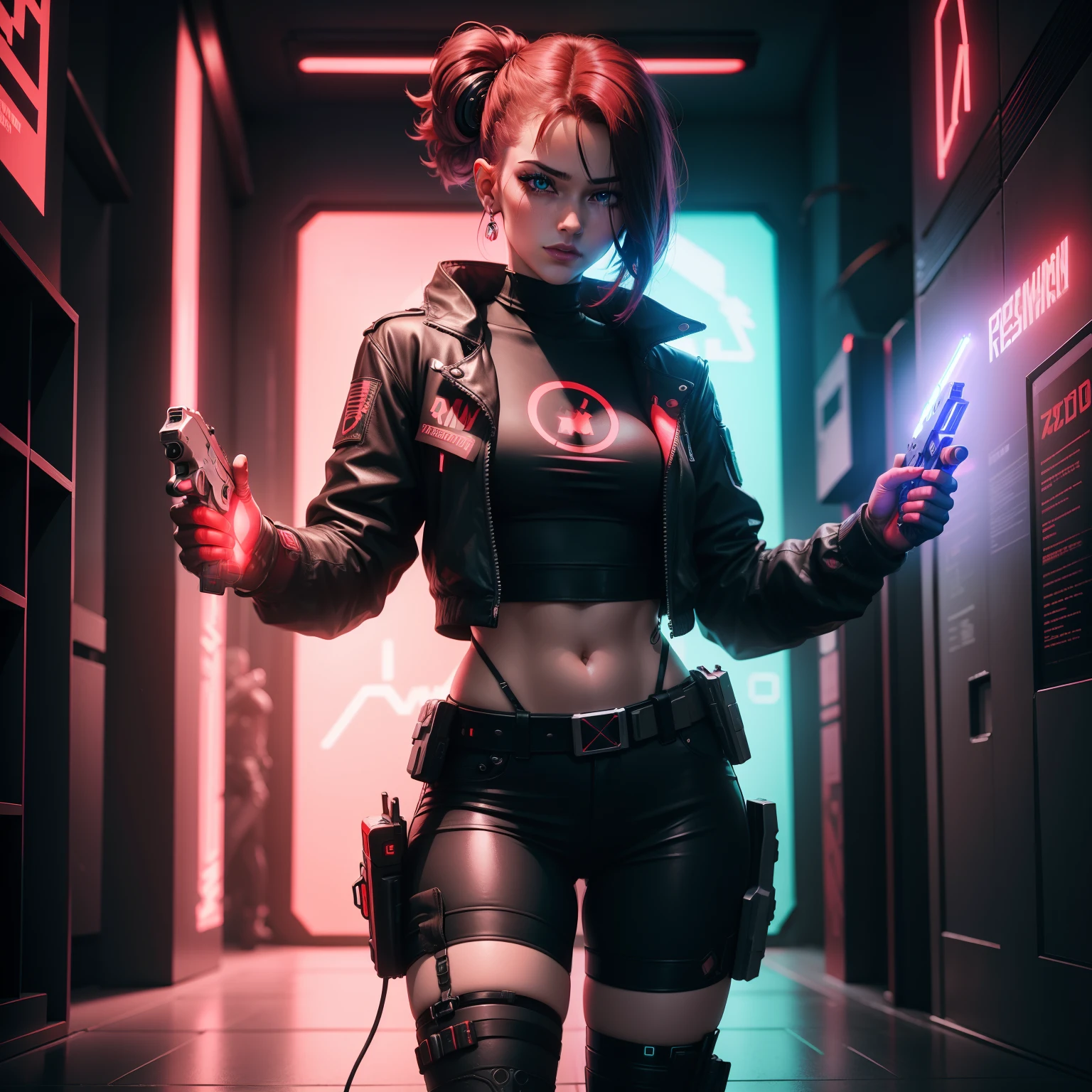 femal cyberpunk red neon hand gun display