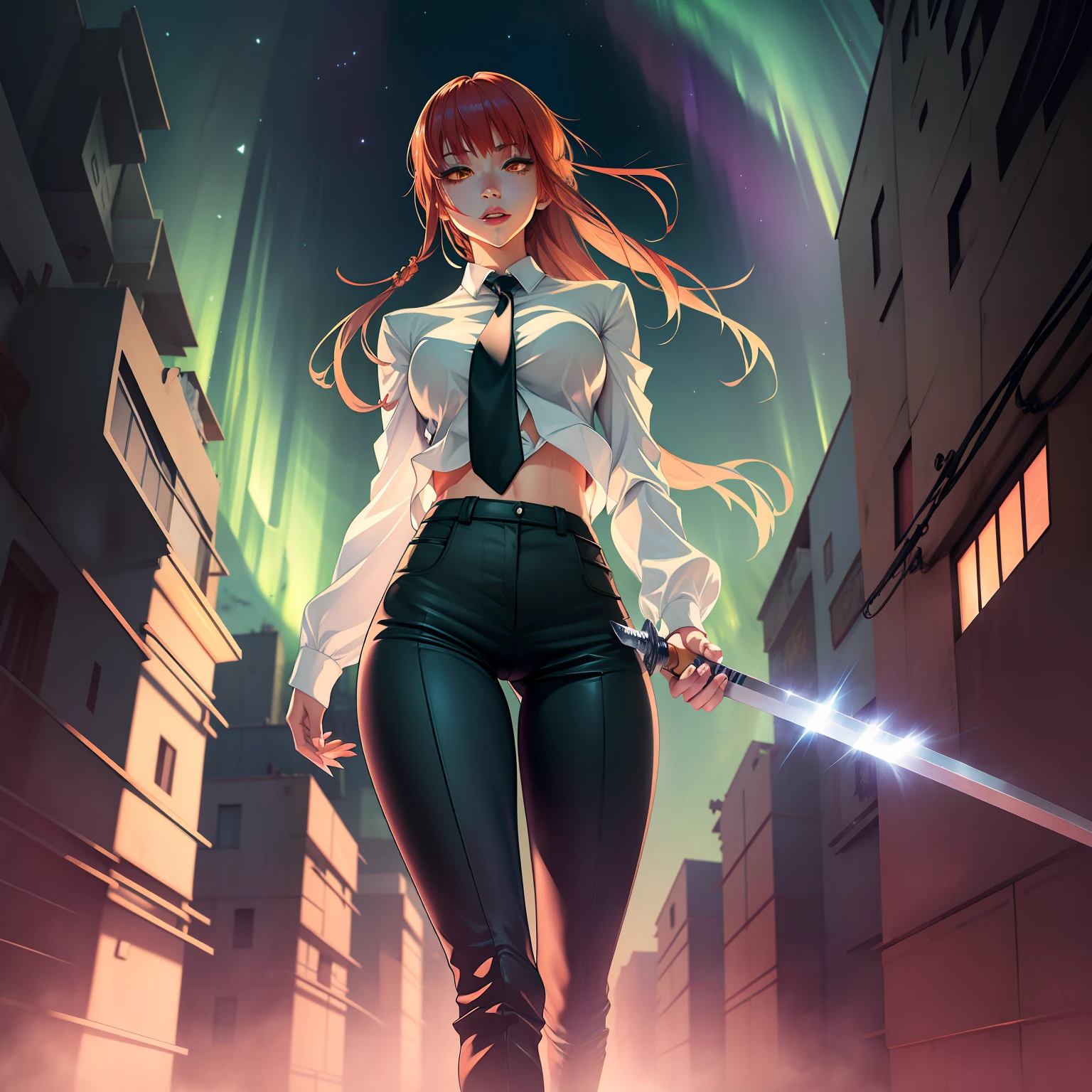 making them the only visible sign of her inhuman nature, white shirt with tie, genius, full body with long pants, makima sexy, energic, aurora night sky, future, beautiful and spectacular dusk, beautiful dreamy landscape, amazing sky, girl in front of cyborg city, blue sky, Smooth Anime CG Art, red hair, Soft lighting, 4k anime wallpaper, Anime art wallpaper 8k, Cute anime girl, energic poses, white shirt with tie, wet clothes, genius, Her eyes are yellow, makima, lightning, bring sword, realistic character, emotional