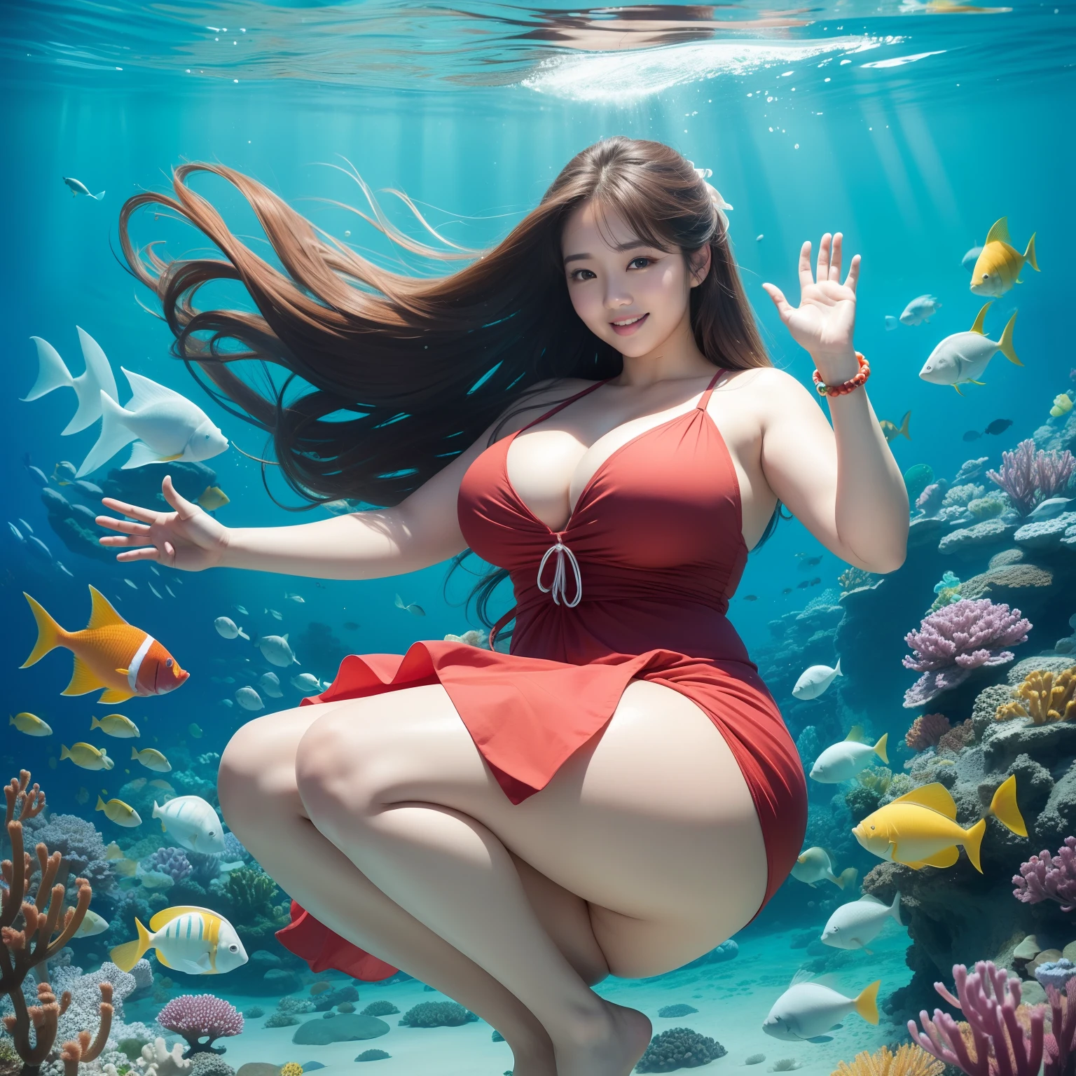 One Woman、japanes、long-haired、Brown hair、age 30s、A MILF、Under clear sea water、With smiling eyes、Her face turned red、Super huge、Big ass、plump figure、Stretch your arms and legs wide、with spreading legs、V-shaped legs、plus size model、full body seen、Wearing a fluttering dress、the whole body is wet、Lots of small tropical fish、Waving hands、Landscape from under the water