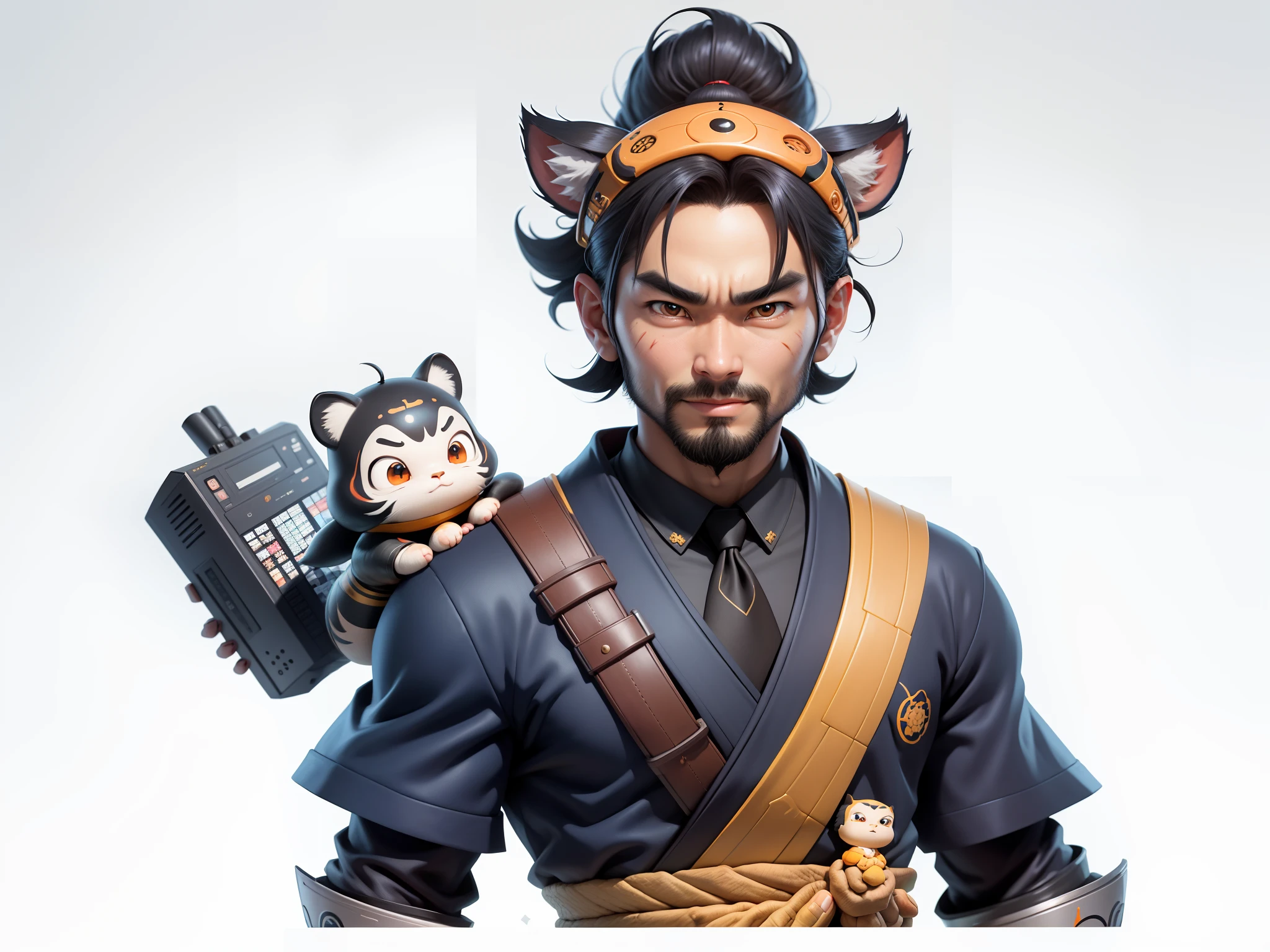 (Daisaku),(Need),(Super meticulous),(full bodyesbian:1.2),Super young man with Japanese geisha,Beautiful,orient,one tiger,Aeolian Thor,Raised sexy,爆乳,Oriental face,TV Anchor,Bust portrait illustration,In black suit,a blue tie,The face is slightly chubby,The face was clean,without a beard,Black super short hair,Black eyes,Smile confidently,3C computer sub-products,iPad, iphone,Digital painting,3D character design by Mark Clairen and Pixar and Hayao Miyazaki and Akira Toriyama,The illustration is a high-definition illustration in 4K resolution,With very detailed facial features and cartoon-style visuals。