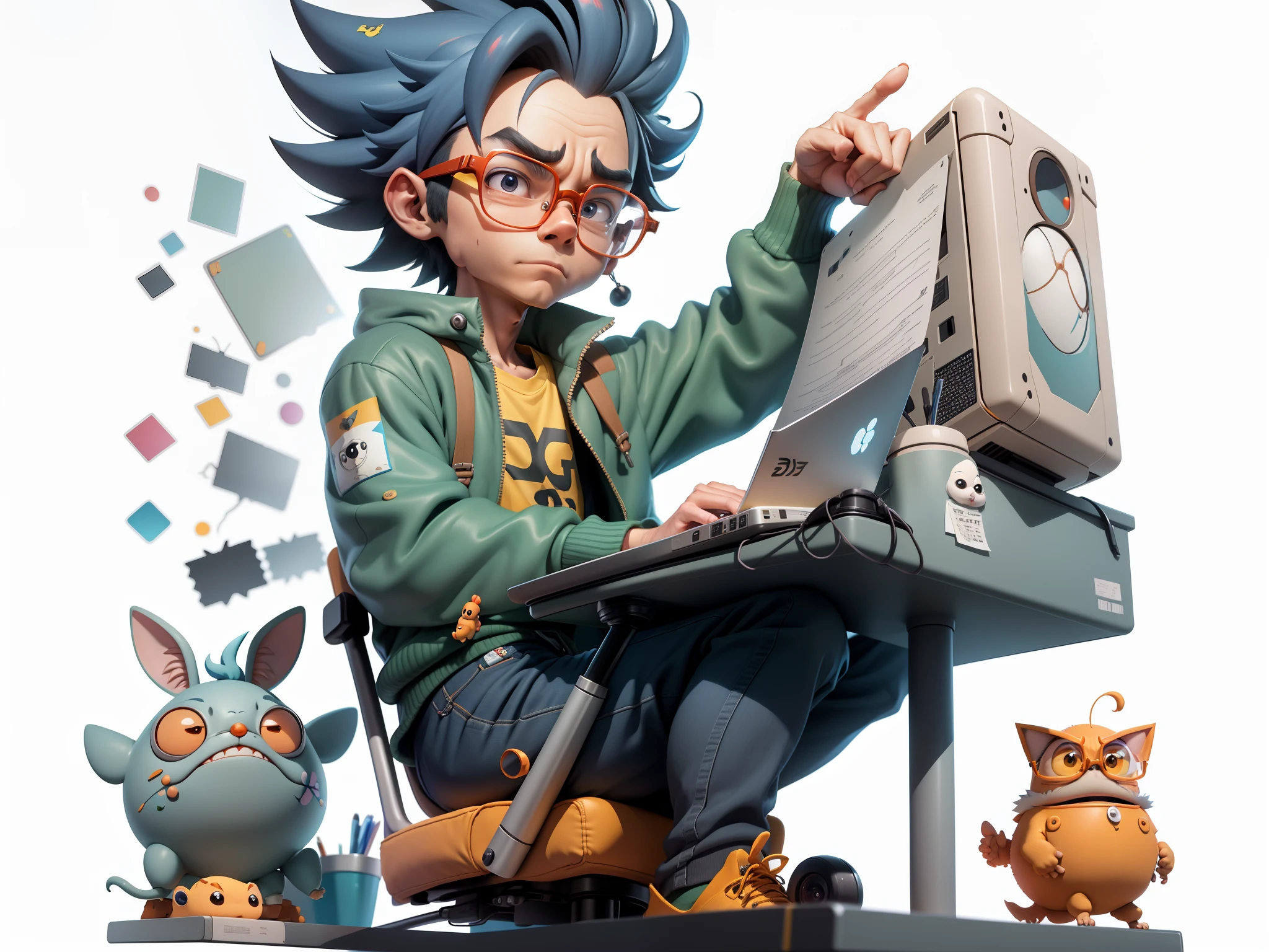 A young man with glasses sits at his desk，holding laptop，digitial painting，3D character design by Mark Clairen and Pixar and Hayao Miyazaki and Akira Toriyama，4K HD illustration，Very detailed facial features and cartoon-style visuals。