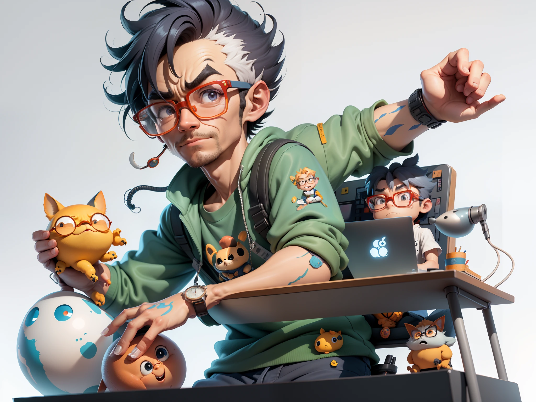 A young man with glasses sits at his desk,holding laptop,digitial painting,3D character design by Mark Clairen and Pixar and Hayao Miyazaki and Akira Toriyama,4K HD illustration,Very detailed facial features and cartoon-style visuals。