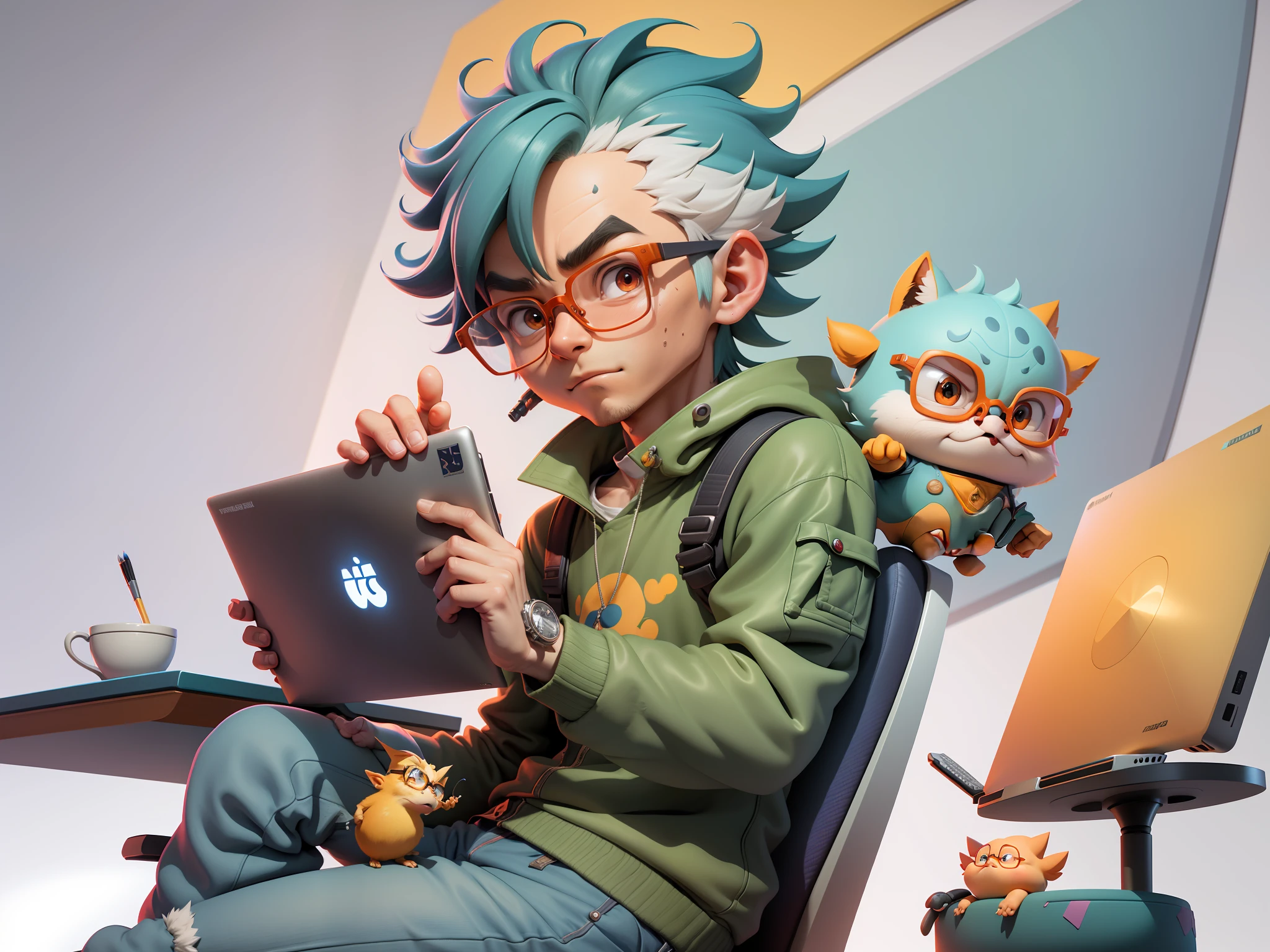 A young man with glasses sits at his desk，holding laptop，digitial painting，3D character design by Mark Clairen and Pixar and Hayao Miyazaki and Akira Toriyama，4K HD illustration，Very detailed facial features and cartoon-style visuals。