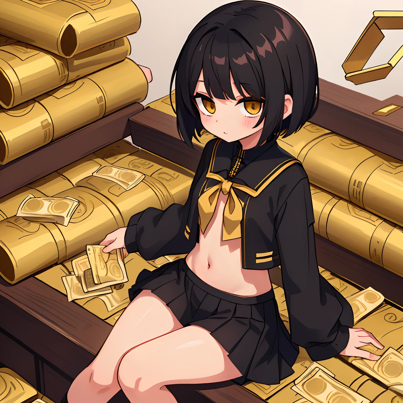 emo loli, short black skirt, short hair, sitting on gold bars, stacks of money