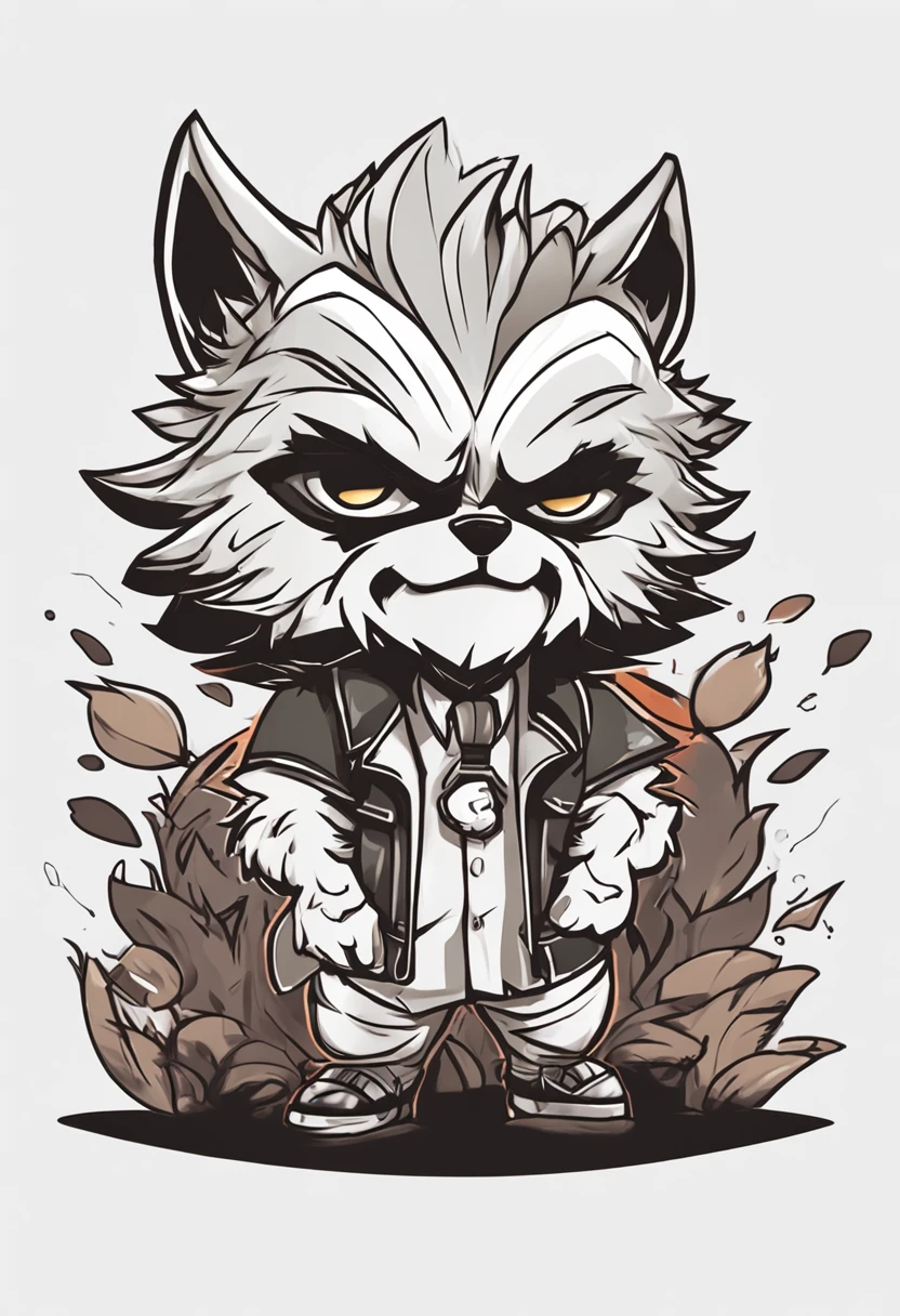 Create a logo with a full-bodied, Chibi-shaped half-wolf man with neutral, high-resolution colors, com fundo de imagem branca