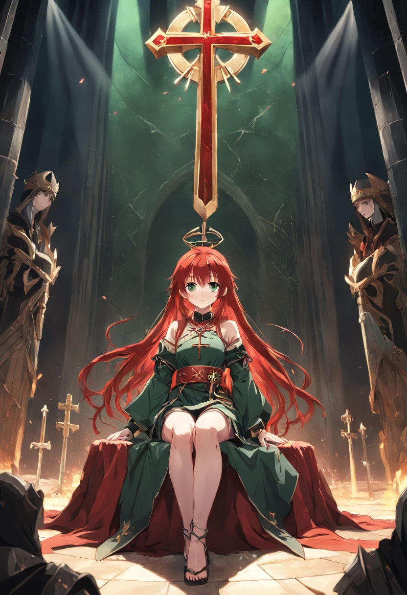 1female, girl, christian cross necklace, red hair, green eyes, throne room background, spear