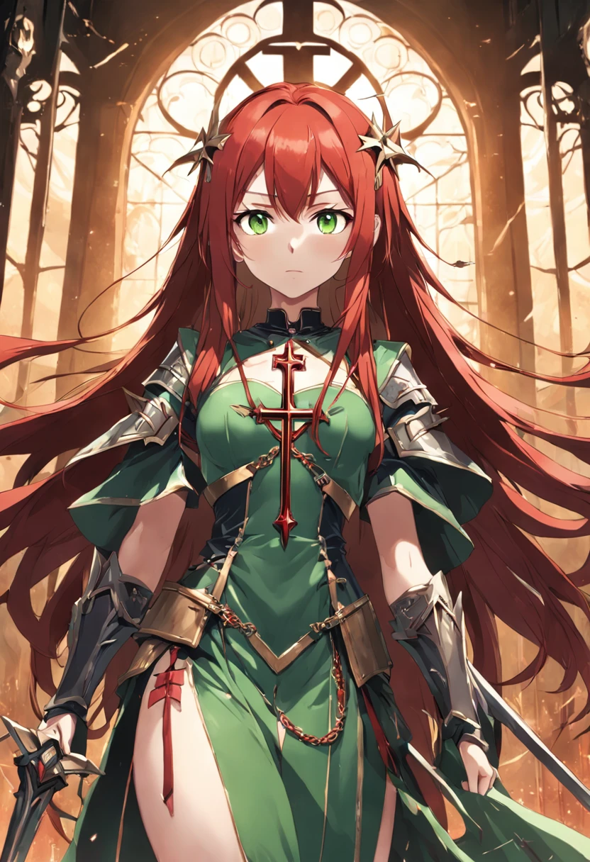 1female, girl, christian cross necklace, red hair, green eyes, throne room background, spear