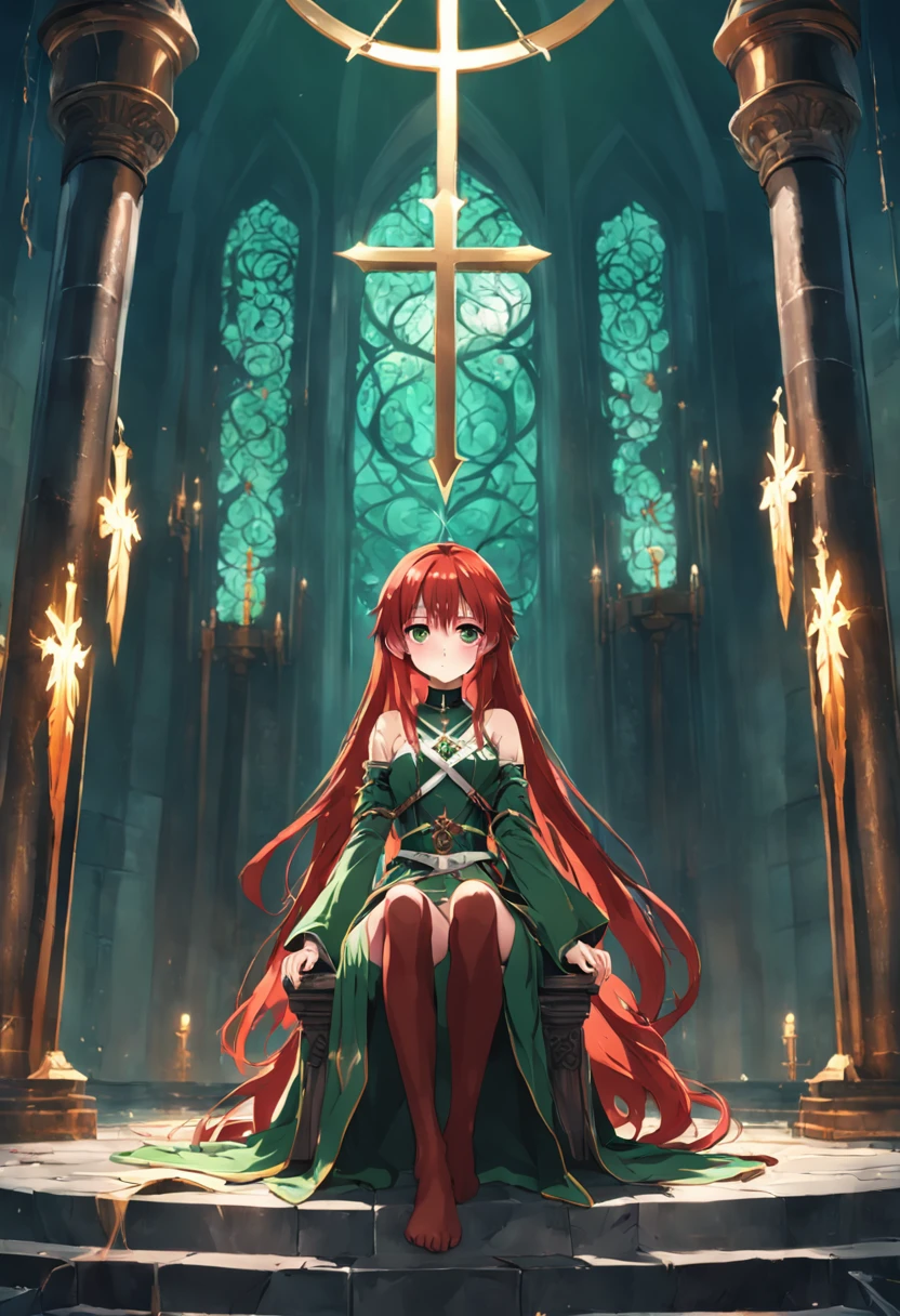 1female, girl, christian cross necklace, red hair, green eyes, throne room background, spear