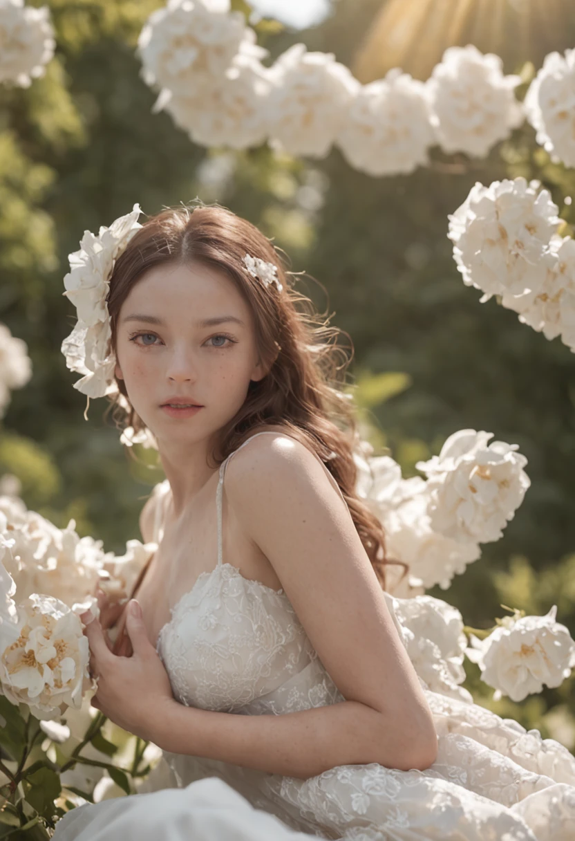 (masterpiece, Best Quality:1.6), White Dress, thighs thighs thighs thighs, Beautiful Girl, (Flowers, many small white petals:1.3), garden, Blue sky, Looking at Viewer, Small waist, Official art, Raw photo, unbelievable Ridiculous, face lights, Dynamic lighting, Cinematic lighting, A hyper-realistic, hight resolution, Photography, Sharp Focus, highest details, ighly detailed, ultra-detailliert, finely detail, extremely detailed eye and face, young girl, no clothing