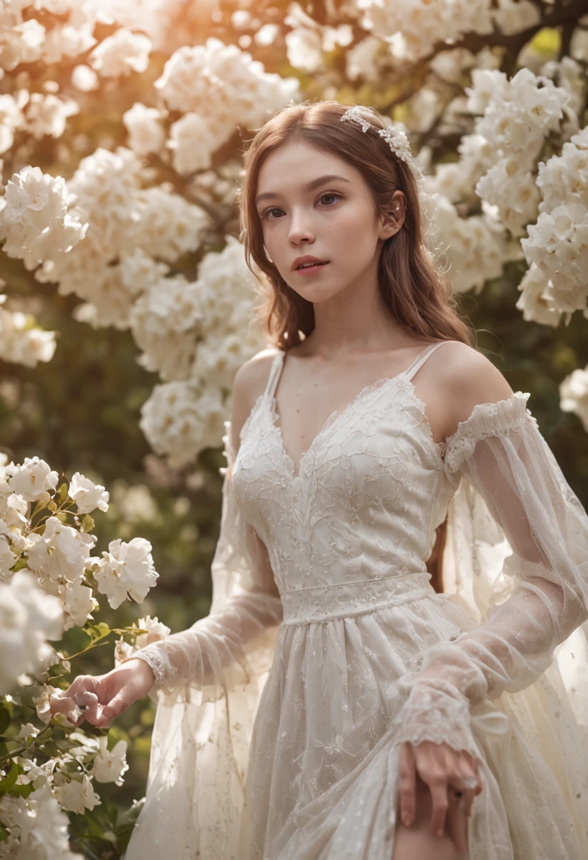 (masterpiece, Best Quality:1.6), White Dress, thighs thighs thighs thighs, Beautiful Girl, (Flowers, many small white petals:1.3), garden, Blue sky, Looking at Viewer, Small waist, Official art, Raw photo, unbelievable Ridiculous, face lights, Dynamic lighting, Cinematic lighting, A hyper-realistic, hight resolution, Photography, Sharp Focus, highest details, ighly detailed, ultra-detailliert, finely detail, extremely detailed eye and face, young girl, no clothing