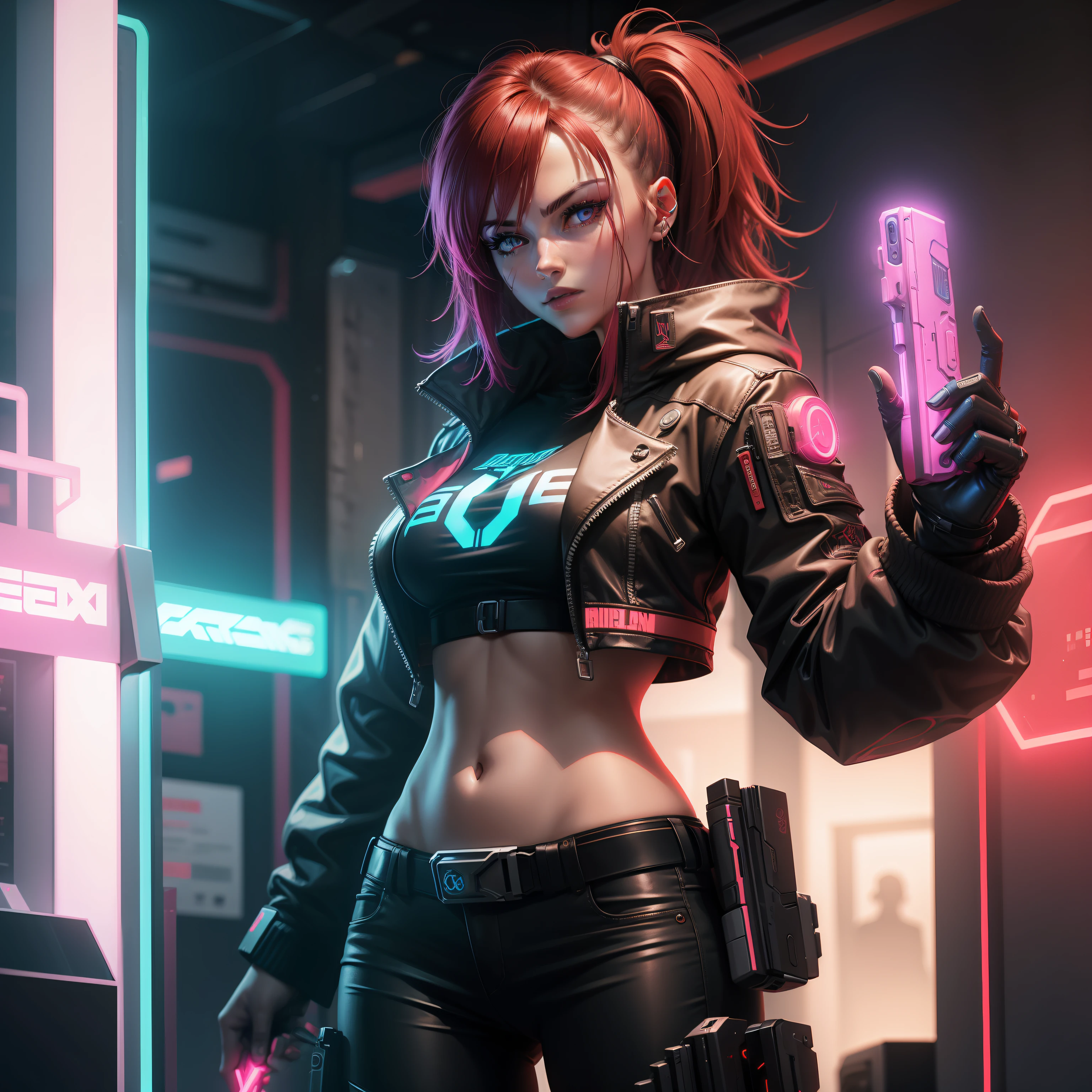 femal cyberpunk red neon hand gun display
