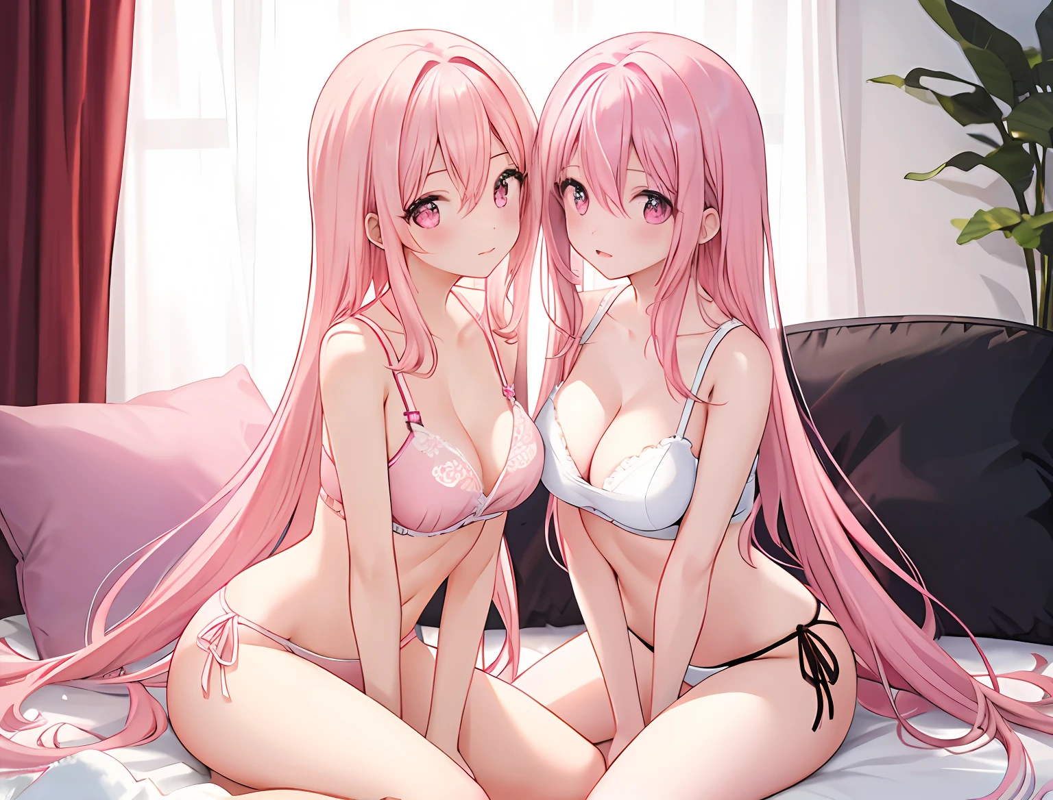 2girls,A pink-haired,long whitr hair,mediuml breasts,Wear only a bra,Breast collision,Light panties