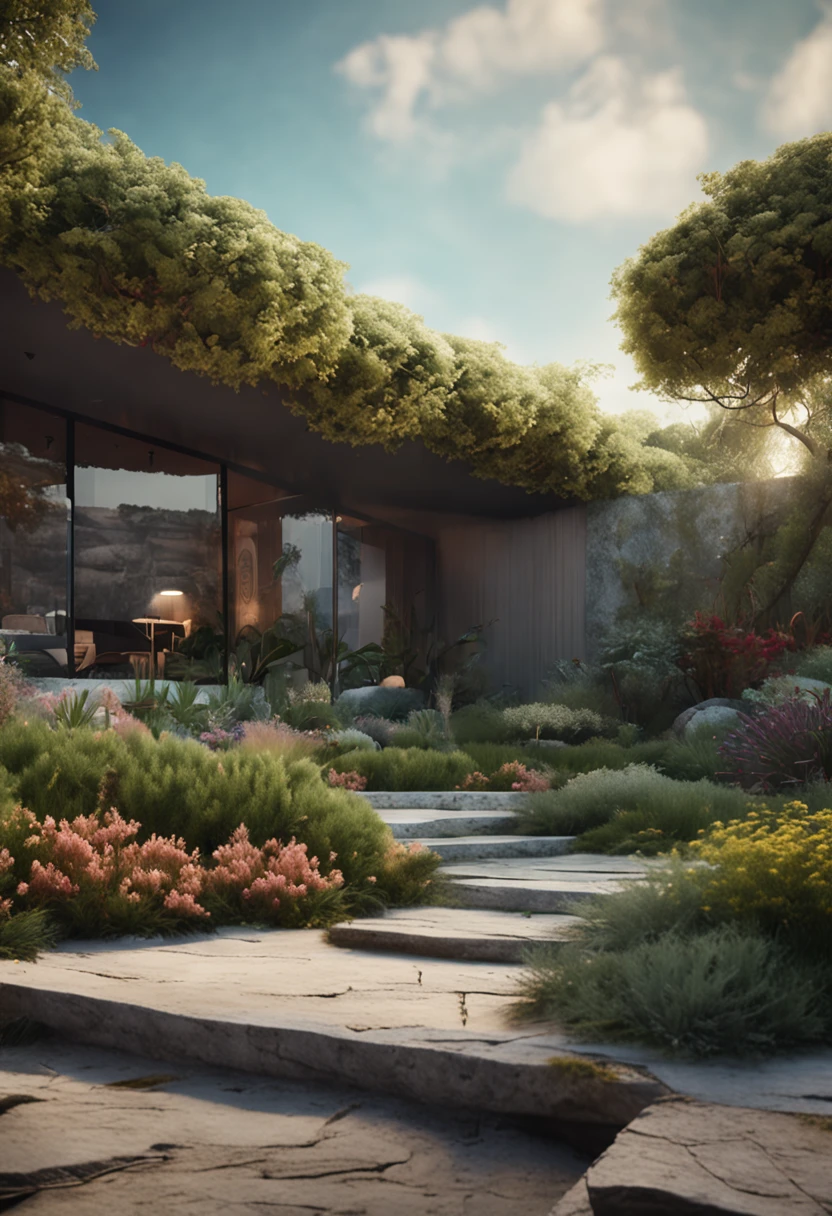 Natural garden landscape with plants around with loose stone floor and with stone slab and luxurious natural garden behind and free space in the center of the image with clear sky