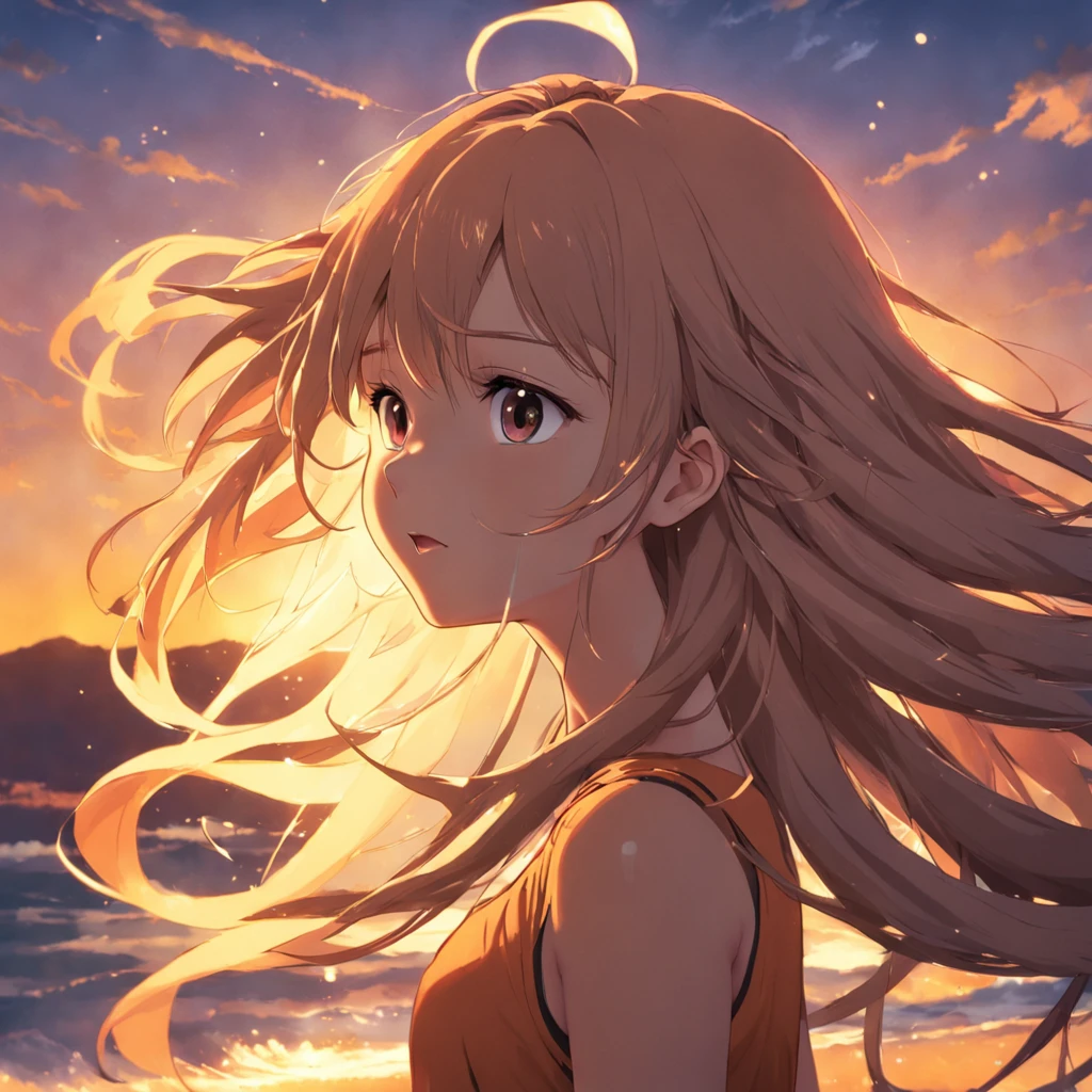 obra-prima, melhor qualidade, 1girl, garota com cabelos ao vento, cabelo ruivo, close-up, brilhante, feliz, Soft lighting and Warm, sun sunset, (Sparks: 0,7)