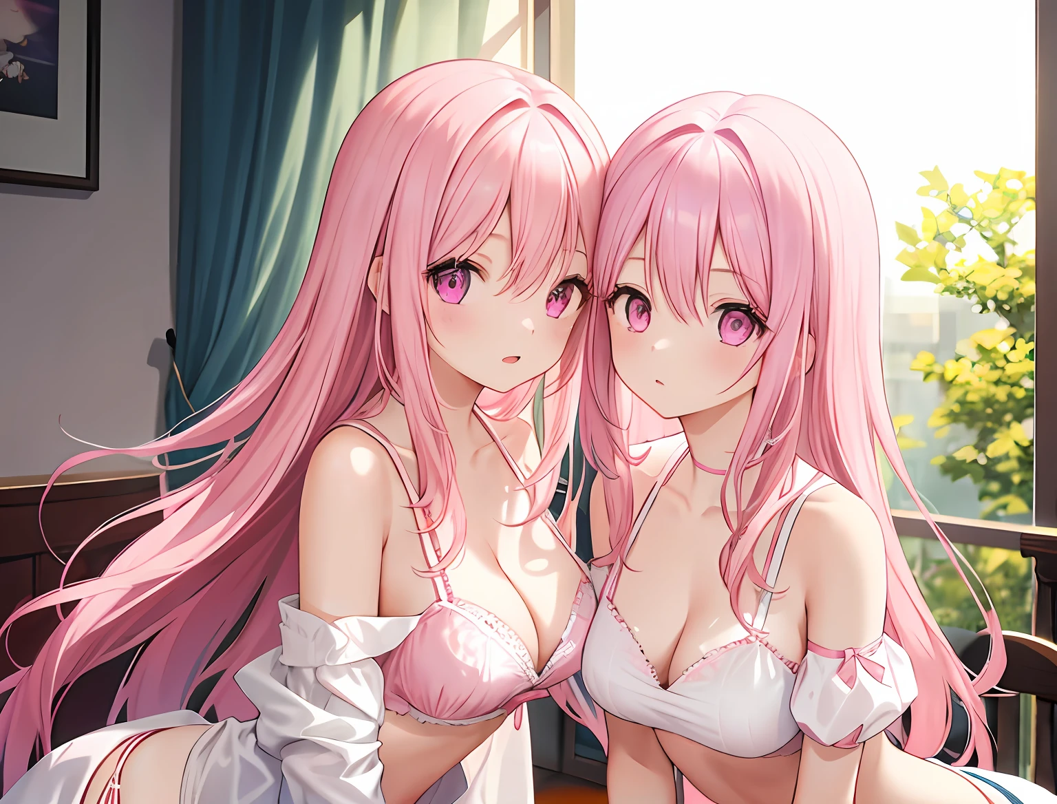 2girls，A pink-haired，long whitr hair，mediuml breasts，Wear only a bra，Breast collision，Light panties