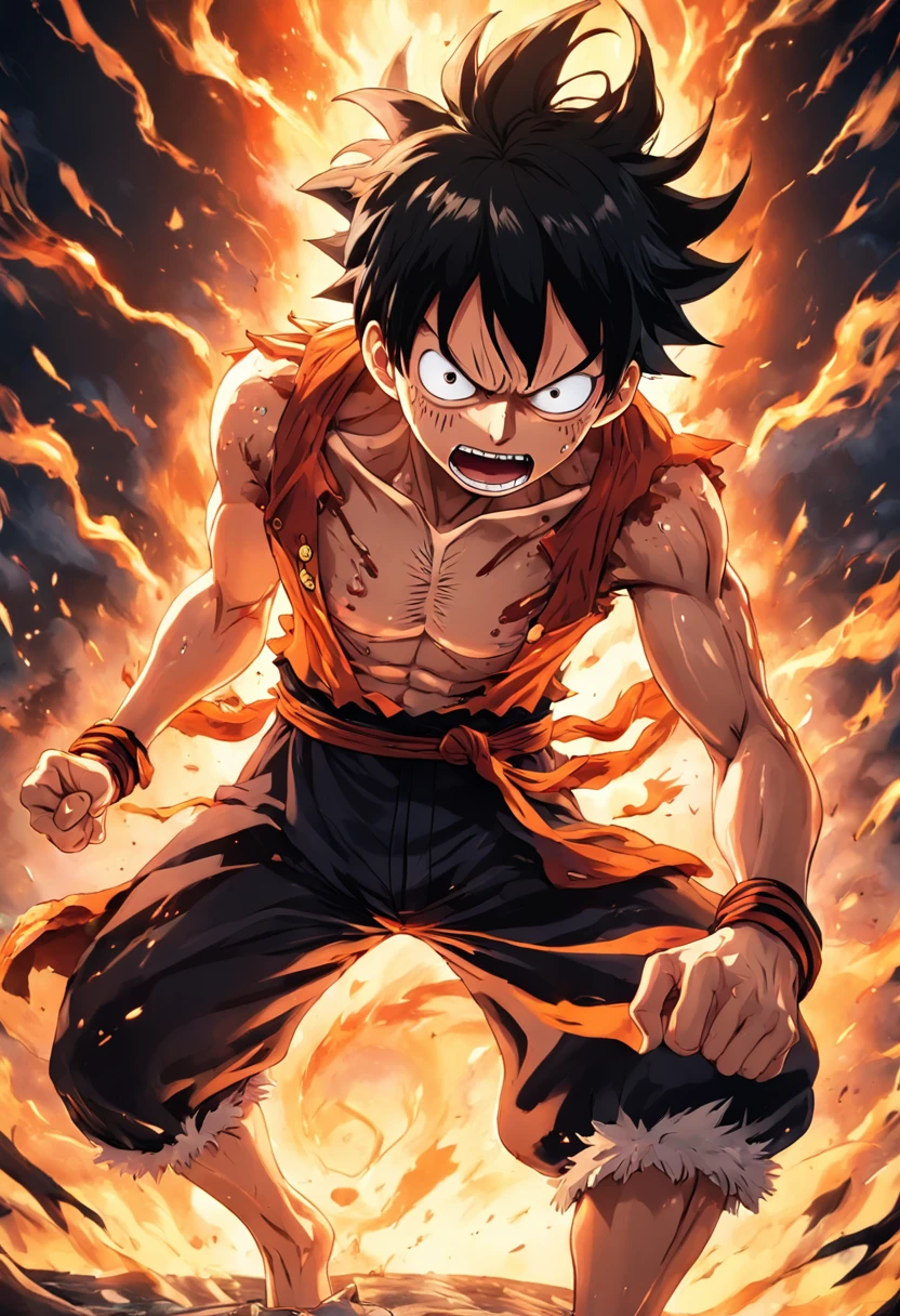 Design a gripping poster featuring Luffy from "One Piece" in a fit of rage. Capture the essence of his burning determination and unyielding spirit as he unleashes his wrath upon his enemies. Keep it short, bold, and intense to convey the raw power of Luffy's anger., Hypnotic, Androgynous, Gadgetpunk, face shot, Cinema4D rendering, Depth of field, Tapestry, black colors, Classical Realism, glow in the dark lighting, Hyper realistic, dramatic shadows, film noir style, 4k