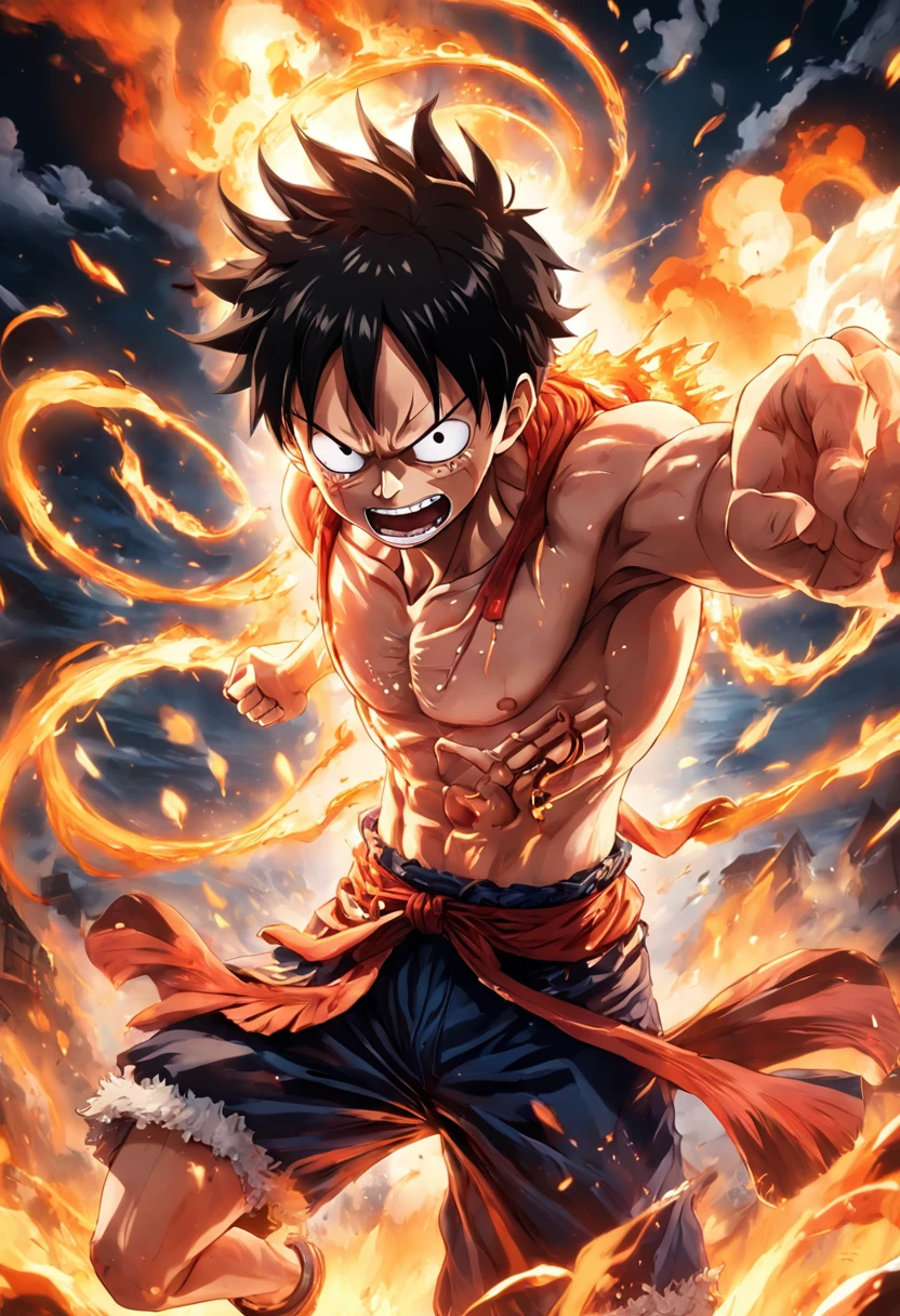 Design a gripping poster featuring Luffy from "One Piece" in a fit of rage. Capture the essence of his burning determination and unyielding spirit as he unleashes his wrath upon his enemies. Keep it short, bold, and intense to convey the raw power of Luffy's anger., Hypnotic, Androgynous, Gadgetpunk, face shot, Cinema4D rendering, Depth of field, Tapestry, black colors, Classical Realism, glow in the dark lighting, Hyper realistic, dramatic shadows, film noir style, 4k